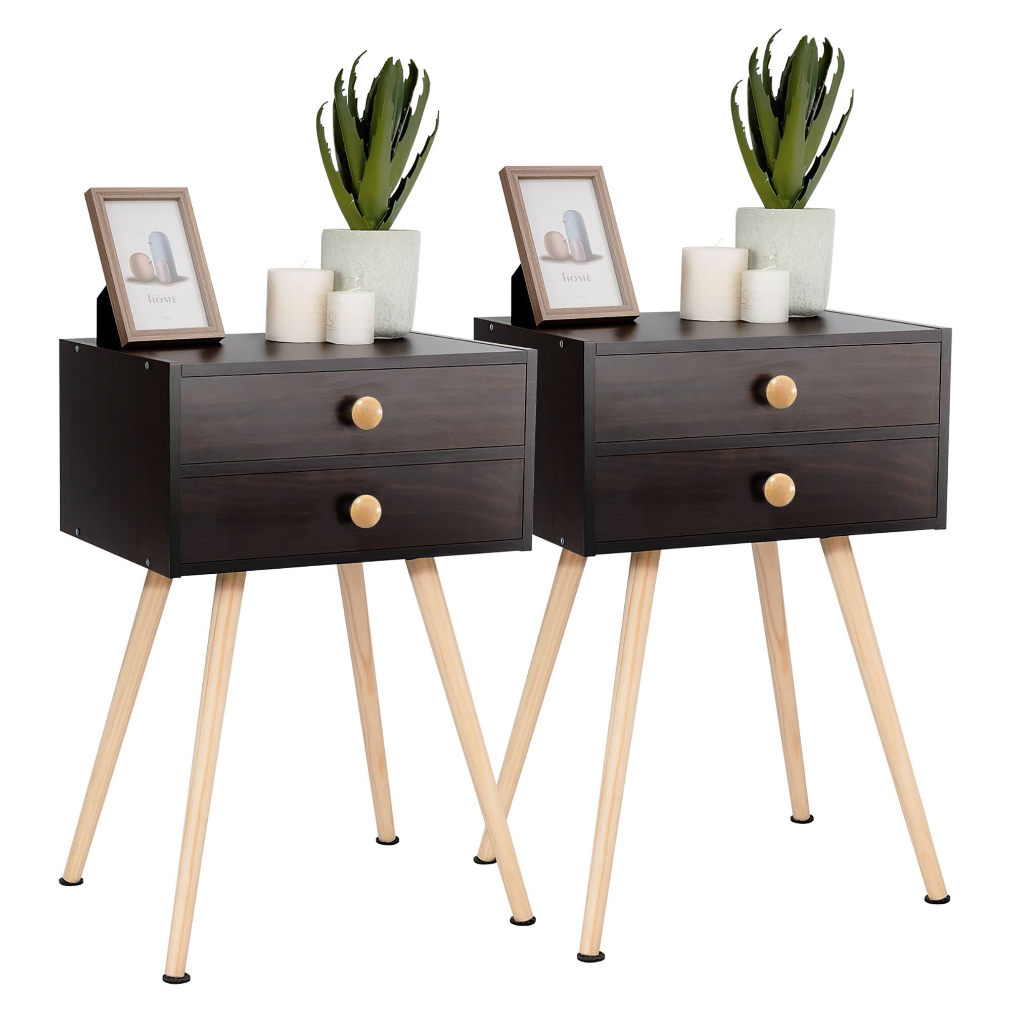 Costway - 2 PCS Mid Century Modern 2 Drawers Nightstand Sofa Side Table End Table - Espresso