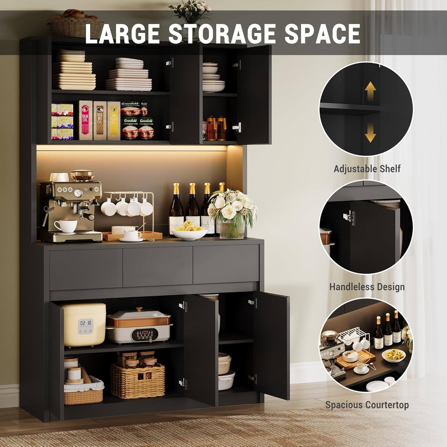 LARGE STORAGE SPACE

- Adjustable Shelf
- Handleless Design
- Spacious Courtertop