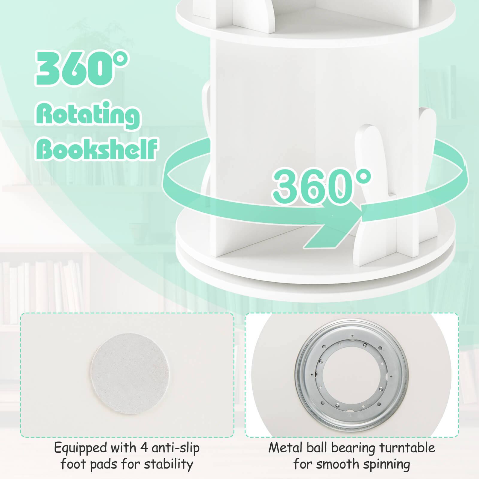 360° Rotating Bookshelf

360°

Equipped with 4 anti-slip foot pads for stability

Metal ball bearing turntable for smooth spinning