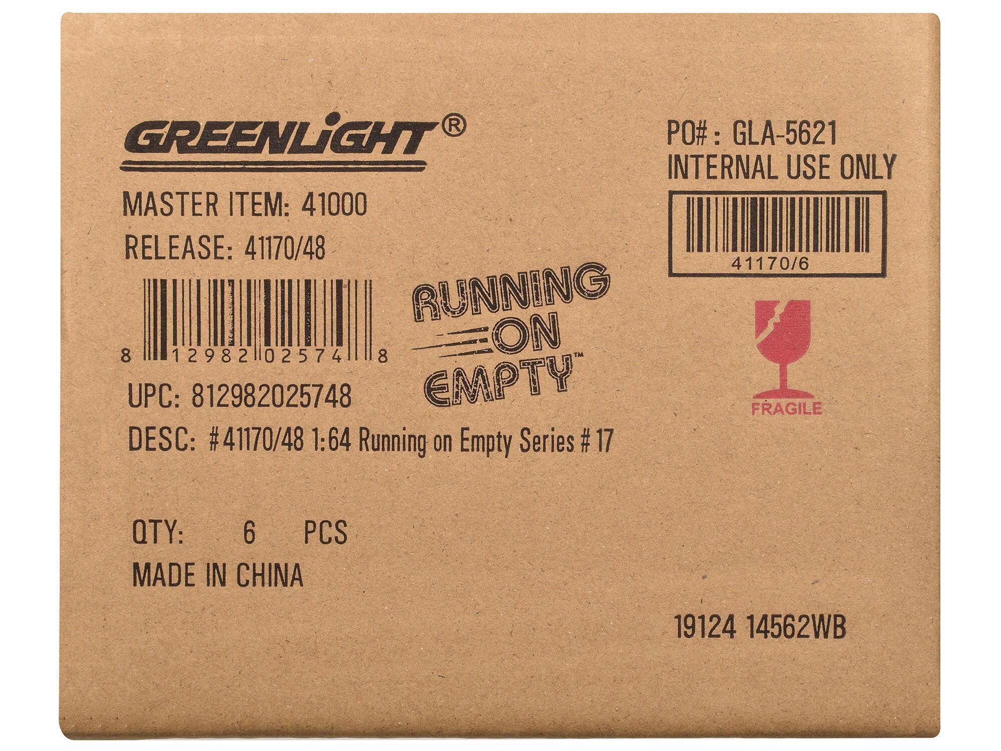GREENLIGHT  
MASTER ITEM: 41000  
RELEASE: 41170/48  
UPC: 812982025748  
DESC: #41170/48 1:64 Running on Empty Series #17  
QTY: 6 PCS  
MADE IN CHINA  

PO#: GLA-5621  
INTERNAL USE ONLY  

RUNNING ON EMPTY™  
FRAGILE  

19124 14562WB