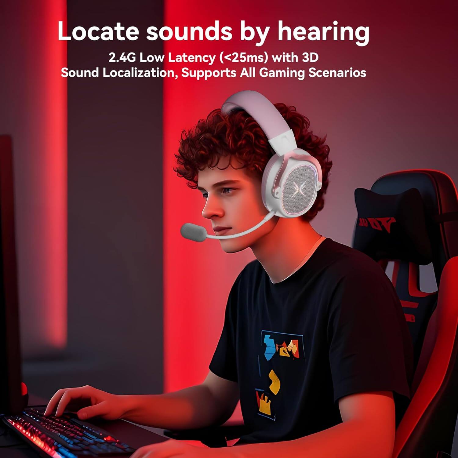 Locate sounds by hearing  
2.4G Low Latency (<25ms) with 3D Sound Localization, Supports All Gaming Scenarios