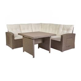 Flash Furniture - Huck Indoor/Outdoor Wicker Rattan Conversation Set, L-Shaped Sofa with Dining Table, Weather Resistant Cushions, Beige a - Brown