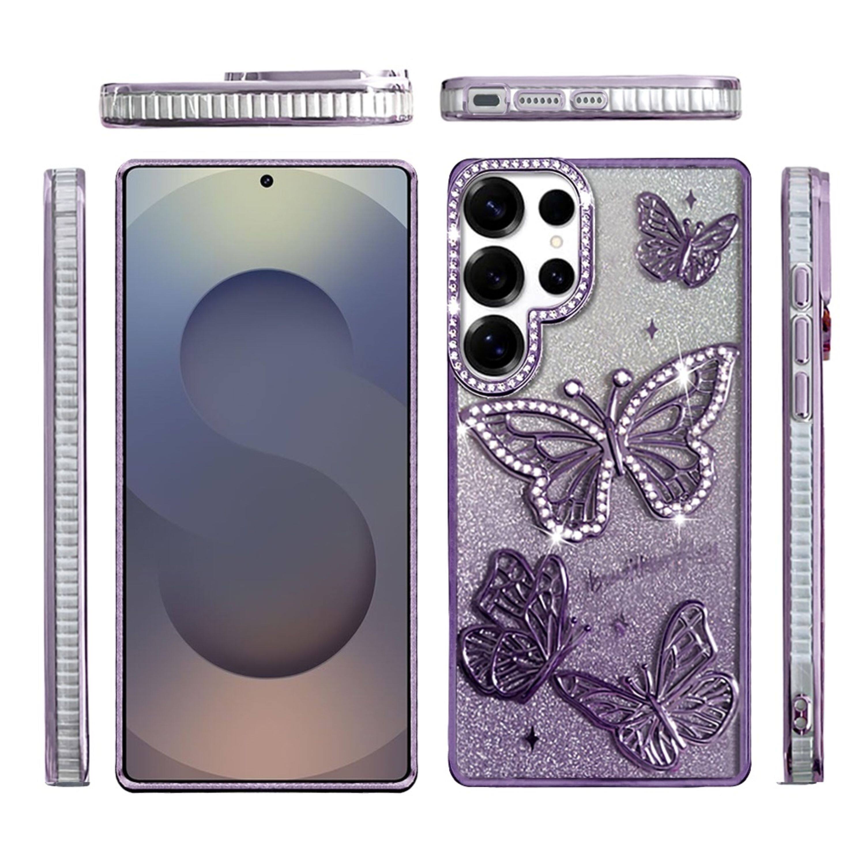 Left. Kitcheniva - Bling Butterflies 3D Glitter Design Phone Case With Tempered Glass For Samsung Galaxy S26 Ultra Purple - Purple.