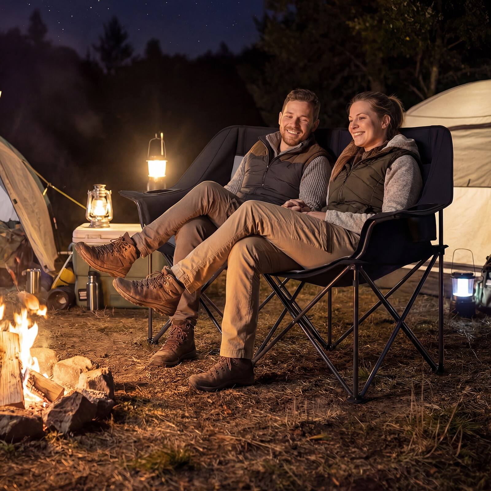 Alt View 8. Gymax - Gymax Double Camping Chair w/ Cup Holders Glass Racks & Mesh Pockets Carry Bag Black - Black.