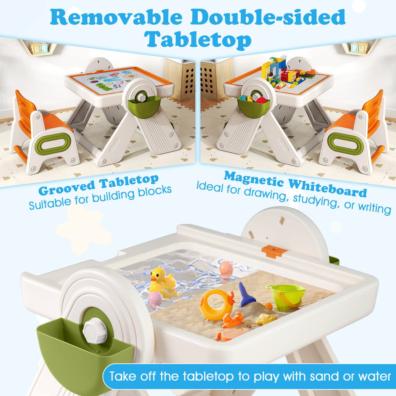 Removable Double-sided Tabletop

Grooved Tabletop  
Suitable for building blocks

Magnetic Whiteboard  
Ideal for drawing, studying, or writing

Take off the tabletop to play with sand or water