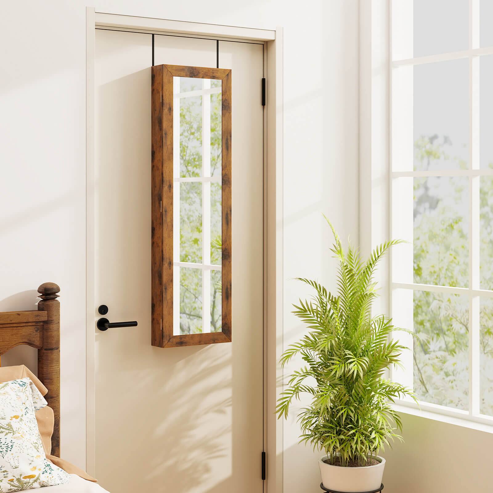 Alt View 3. Costway - Costway Wall Mounted Jewelry Cabinet Door Hanging Jewelry Armoire with Full-Length Mirror - Rustic Brown.