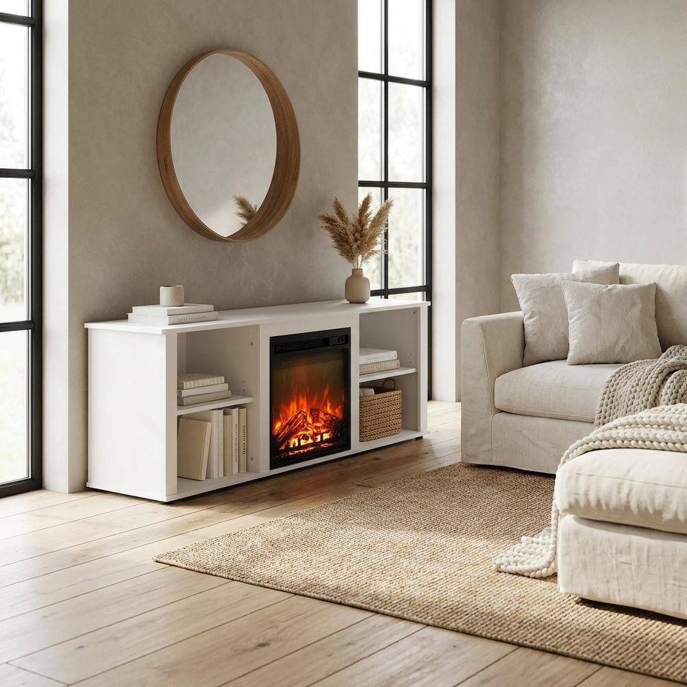 Alt View 2. FurniFact - Solid White TV Stand with Fireplace and Wood Construction for Living Room - White.