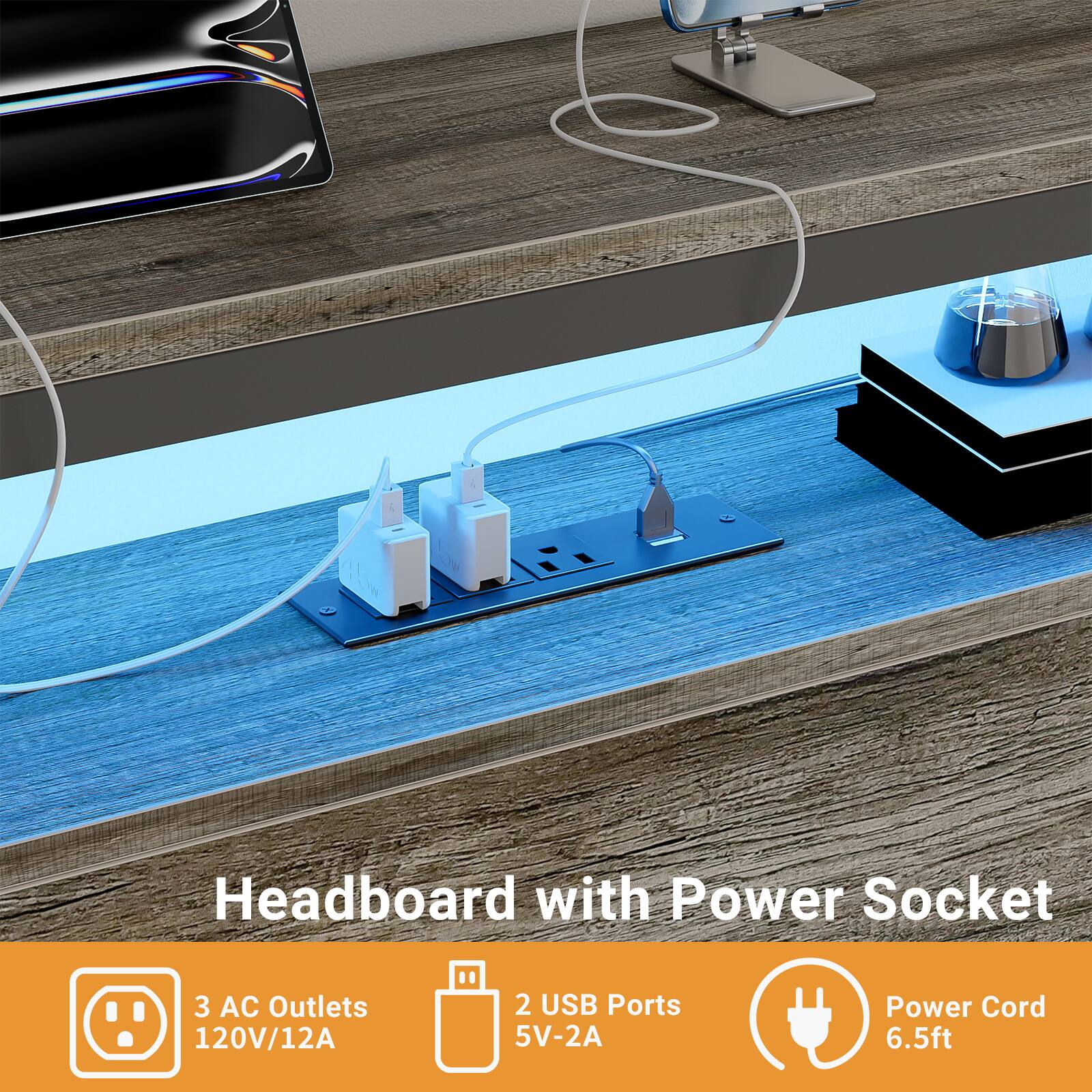 Headboard with Power Socket  
3 AC Outlets 120V/12A  
2 USB Ports 5V-2A  
Power Cord 6.5ft
