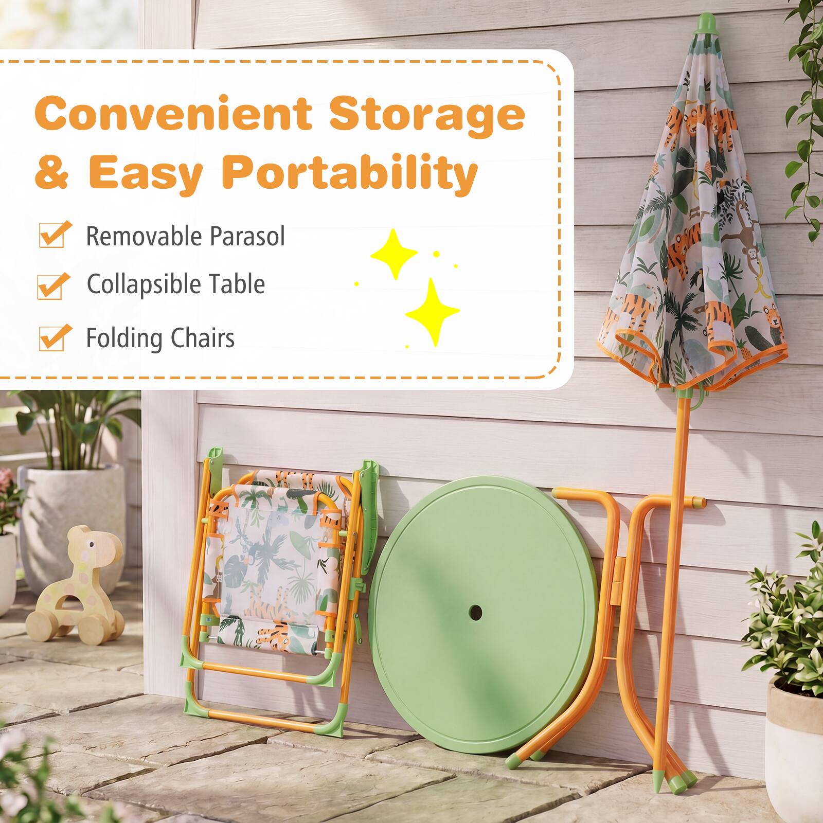 Convenient Storage & Easy Portability  
- Removable Parasol  
- Collapsible Table  
- Folding Chairs