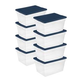 Sterilite - Stackable 56 Quart Storage Tote, Clear with Lid, 8 Pack - Marine Blue