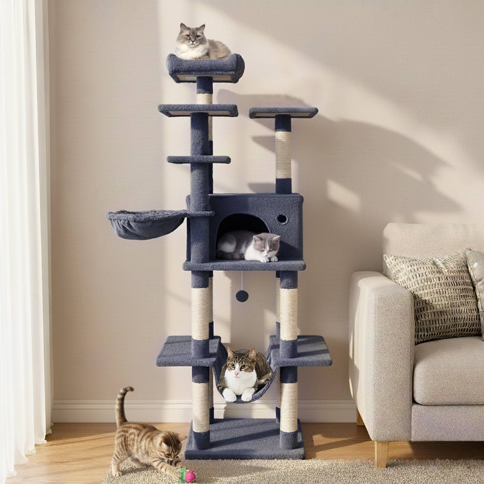 Alt View 2. Gymax - Gymax 63'' Large Cat Tree for Indoor Cats w/Plush Top Perch Condo Hammock Basket Bed Deep Grey.