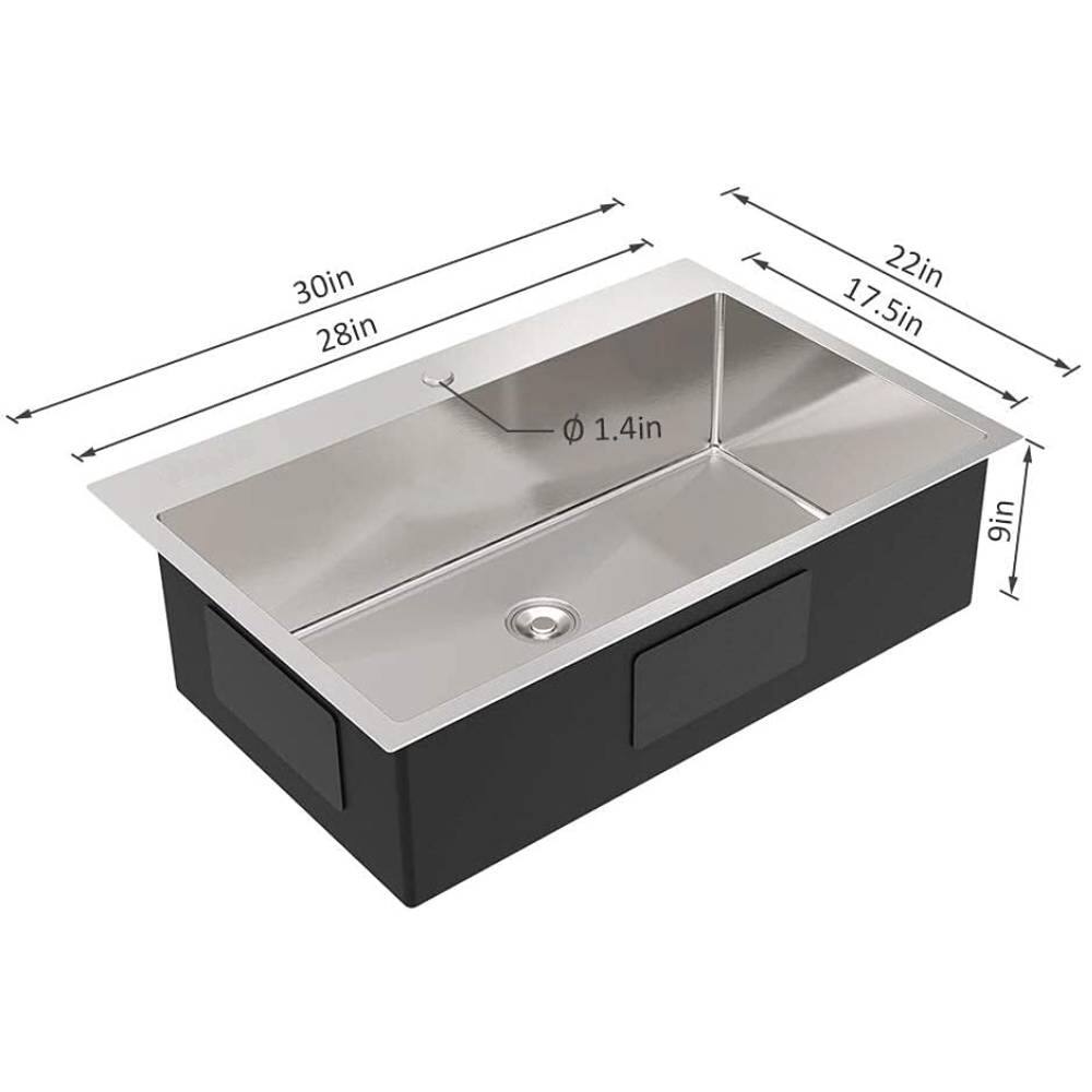Winado - 30" W x 22" D x 9" H Large Capacity Kitchen Sink Top Mount Sink with Bottom Grid and Basket Strainer for Restaurant Home - Silver