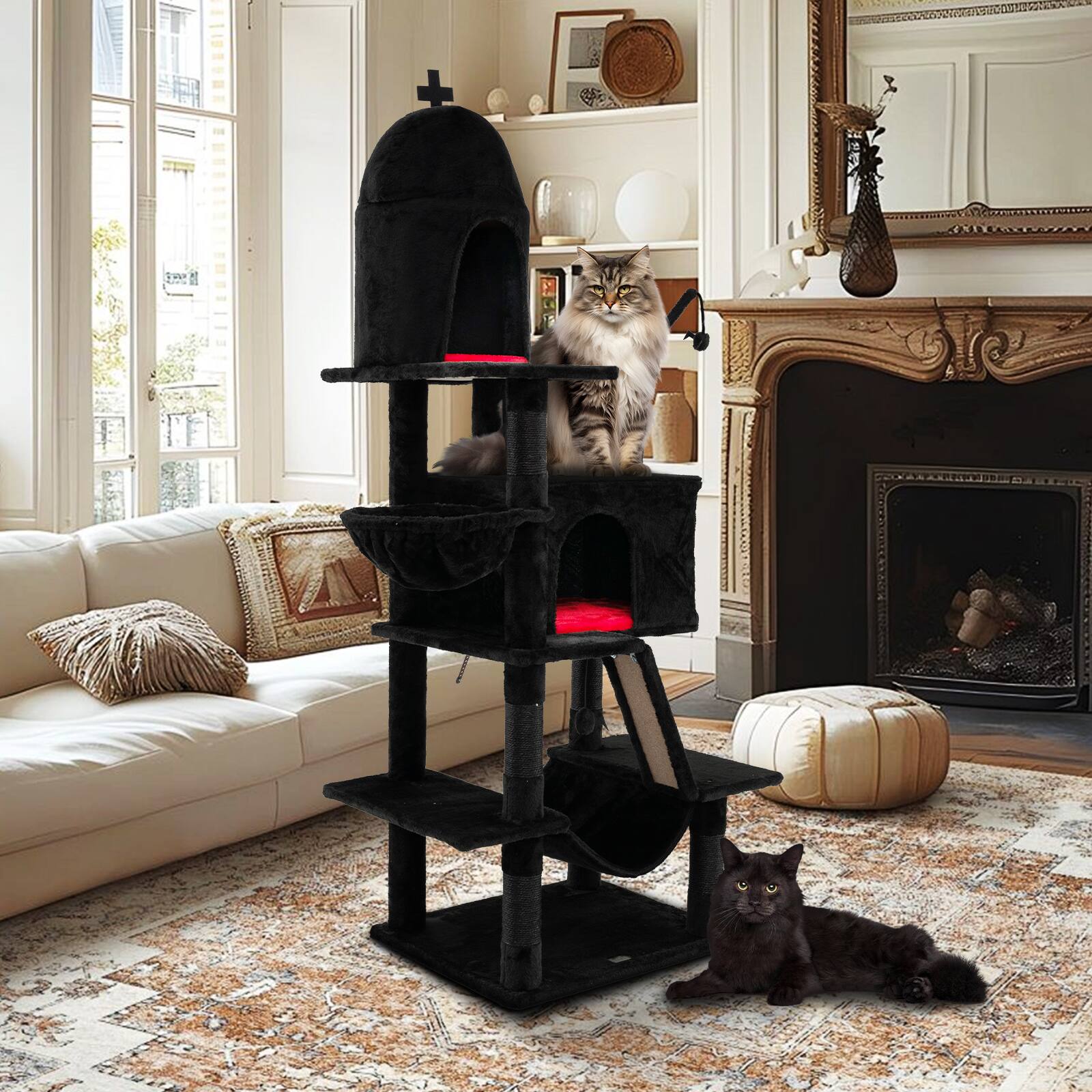 Alt View 3. Costway - Costway Gothic Cat Tree Spooky Halloween Cat Tower w/ Scratching Posts Pet House for Indoor Cats - Black,Red.