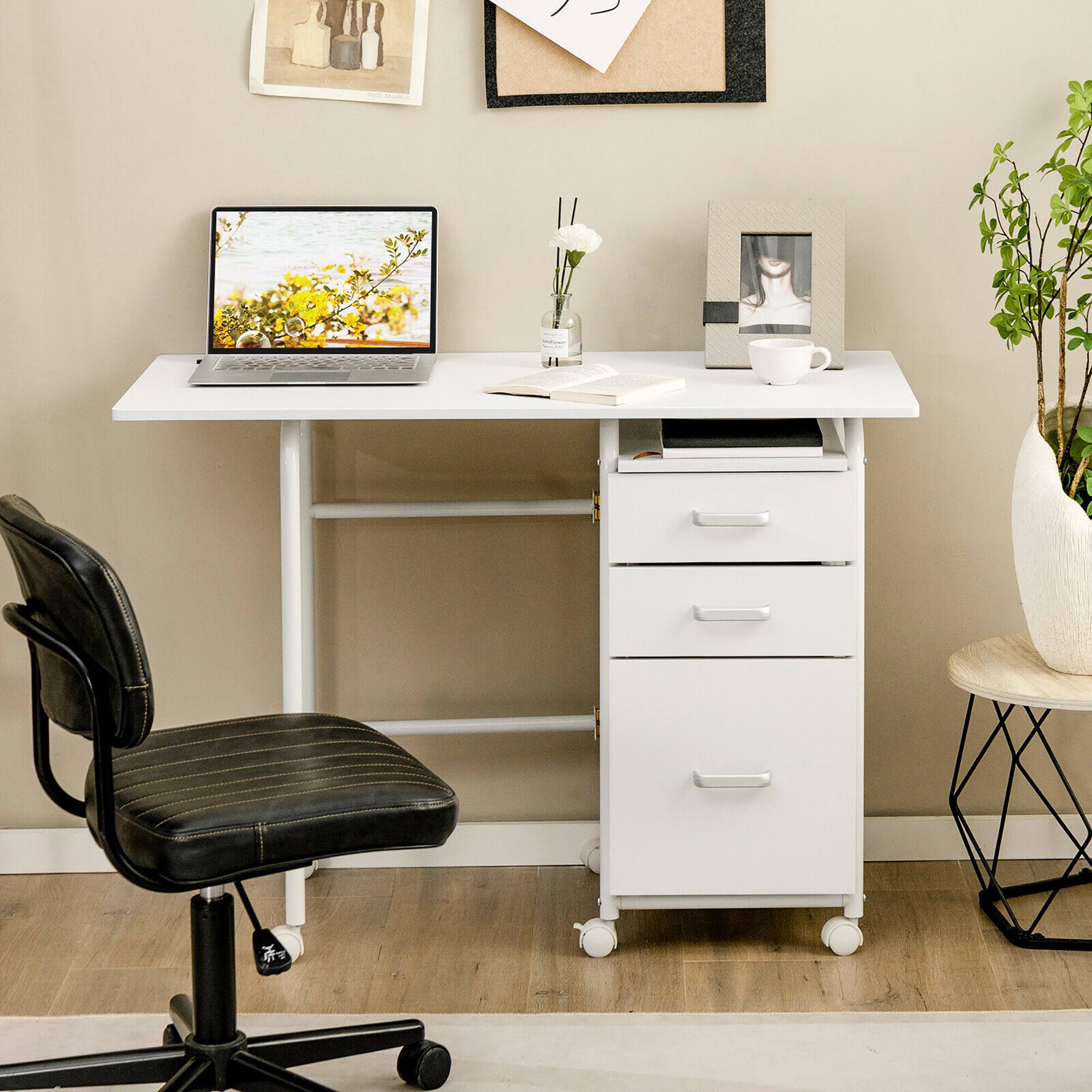 Alt View 3. Gymax - Gymax Folding Computer Laptop Desk Wheeled Home Office Furniture w/3 Drawers White - White.