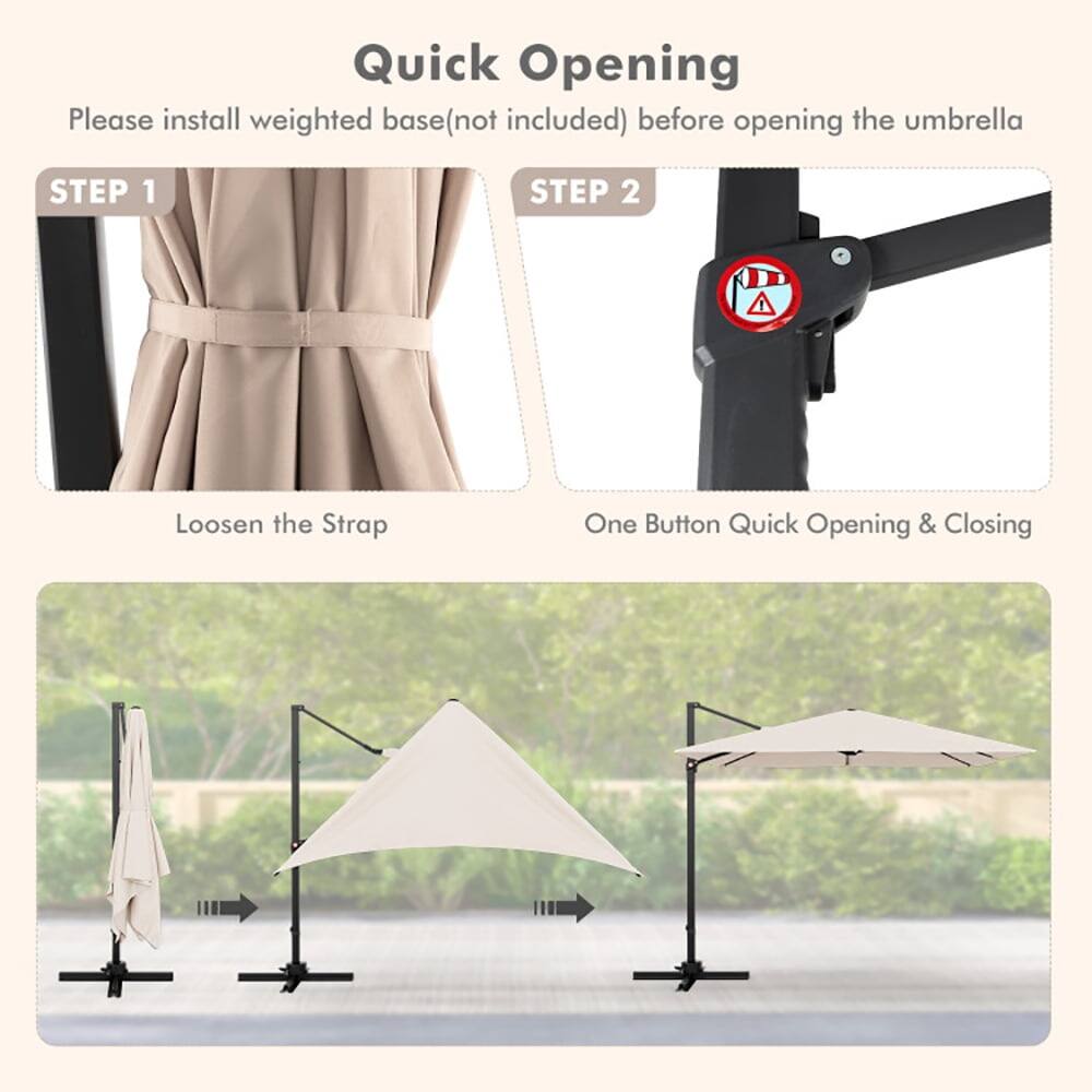 Quick Opening

Please install weighted base (not included) before opening the umbrella

STEP 1
Loosen the Strap

STEP 2
One Button Quick Opening & Closing