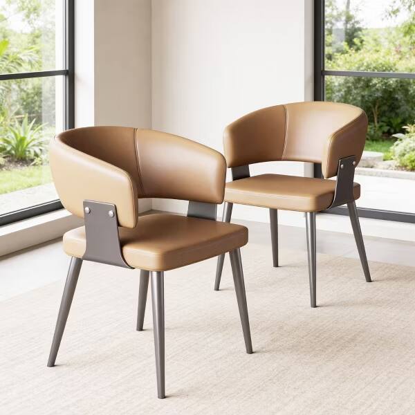 Alt View 2. luck idea - Modern Curved Half Arm Dining Chairs, PU Leather Upholstered Side Chair with Dark Metal Legs for Kitchen Dining Room - brown.