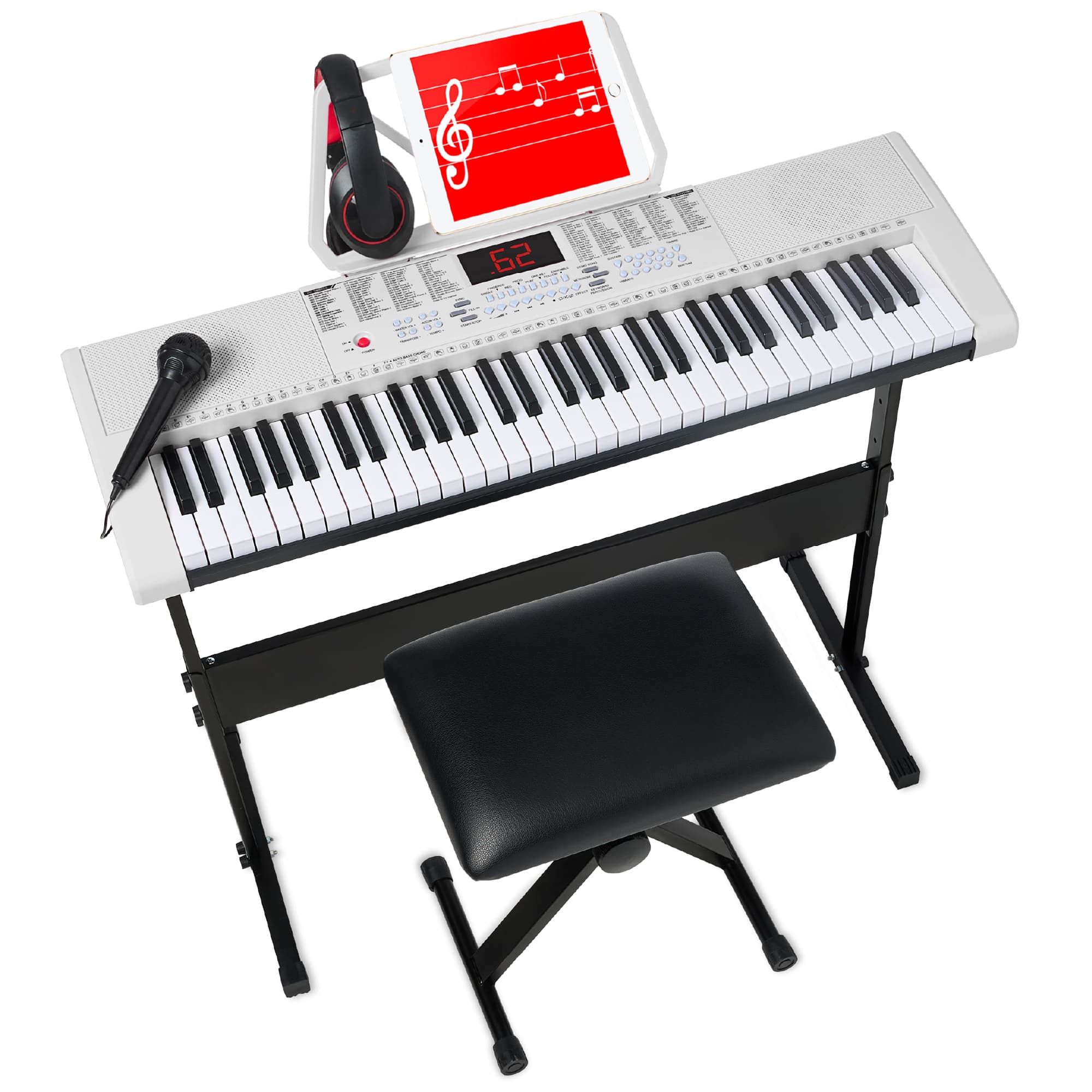 Best Choice Products - 61-Key Beginners Electronic Keyboard Piano Set w/ LED, 3 Teaching Modes, H-Stand, Stool - White