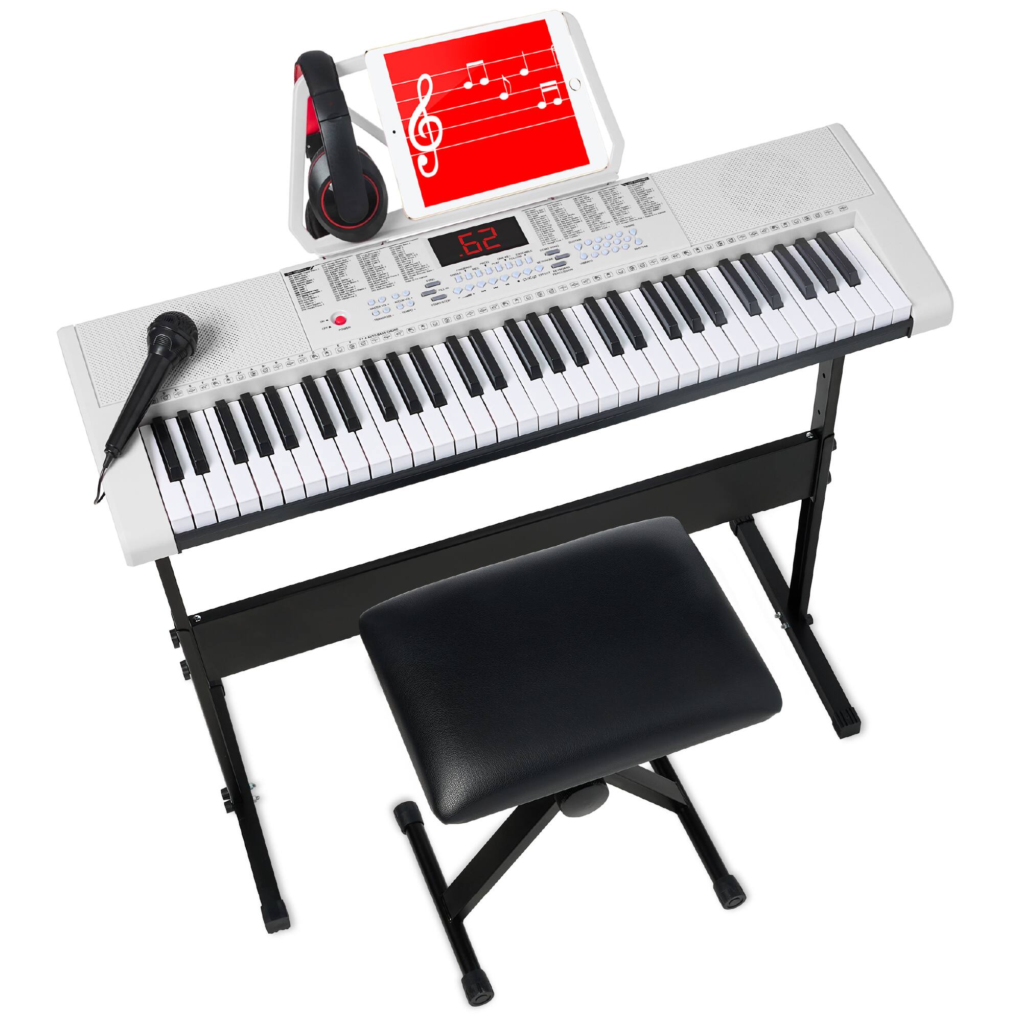 Best Choice Products - 61-Key Beginners Electronic Keyboard Piano Set w/ LED, 3 Teaching Modes, H-Stand, Stool - White