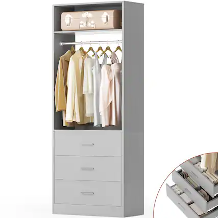 Front. Aheaplus - 24" Freestanding Closet System,3 Wood Drawers, Hanging Rod & Shelves - Space-Saving Organizer for Small Closets - Gray.