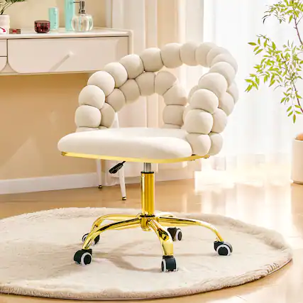 Front. Loheer - Loheer- Velvet Desk Chair Adjustable Swivel Office Chair with Bubble Back, 2.82 x 1.94 x 2.56 ft - Beige,Gold.