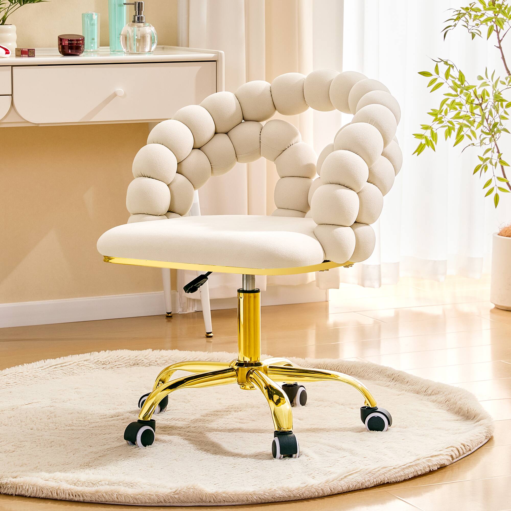 Front. Loheer - Loheer- Velvet Desk Chair Adjustable Swivel Office Chair with Bubble Back, 2.82 x 1.94 x 2.56 ft - Beige,Gold.