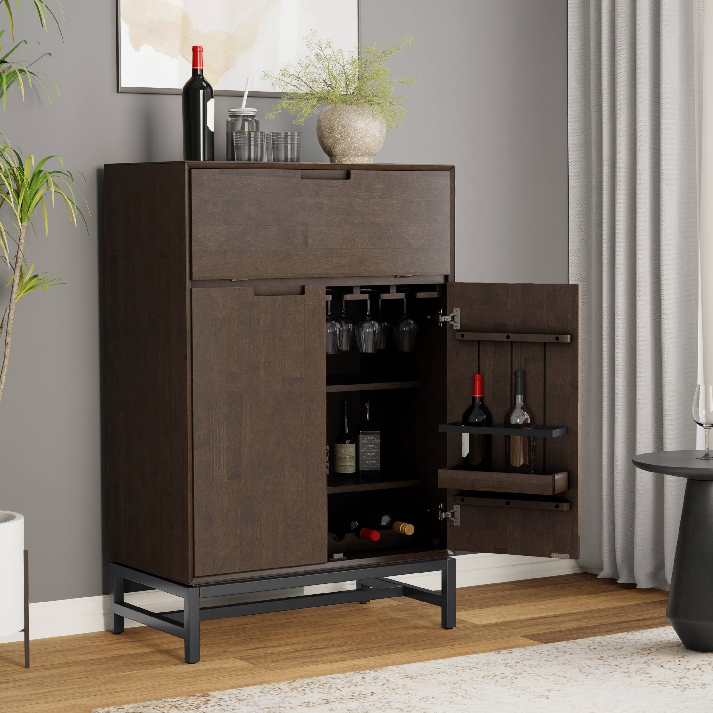 Angle. Simpli Home - Banting SOLID HARDWOOD Modern Industrial 32 inch Wide Bar Cabinet in Walnut Brown - Walnut Brown.