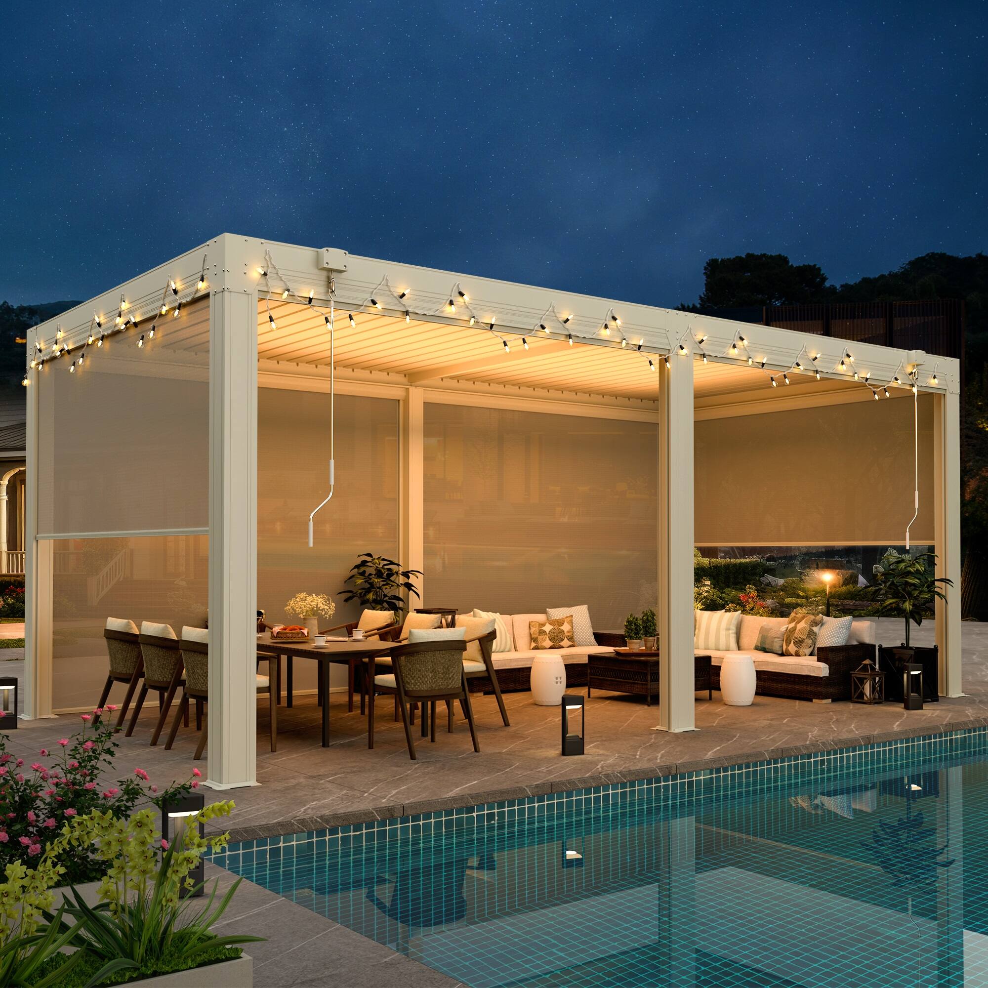 Angle. U-HOMY - 10'x20' Outdoor Louvered Pergola - Features Adjustable Aluminum Roof & Drop-Down Curtains - White.