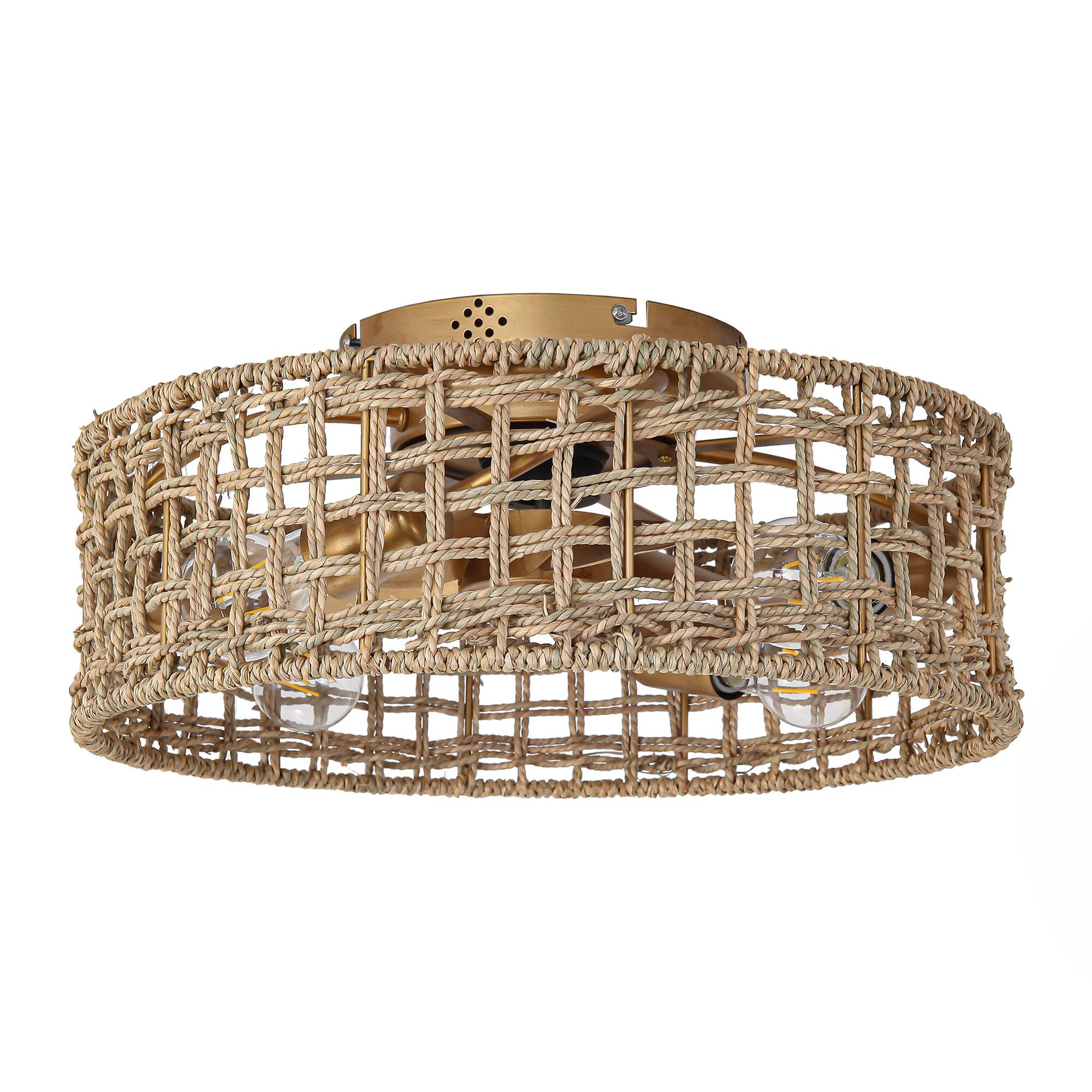 Alt View 9. Parrot Uncle - 17.72 in. Farmhouse Caged Straw Woven Smart Ceiling Fan with Light and Remote and App Control - Gold.