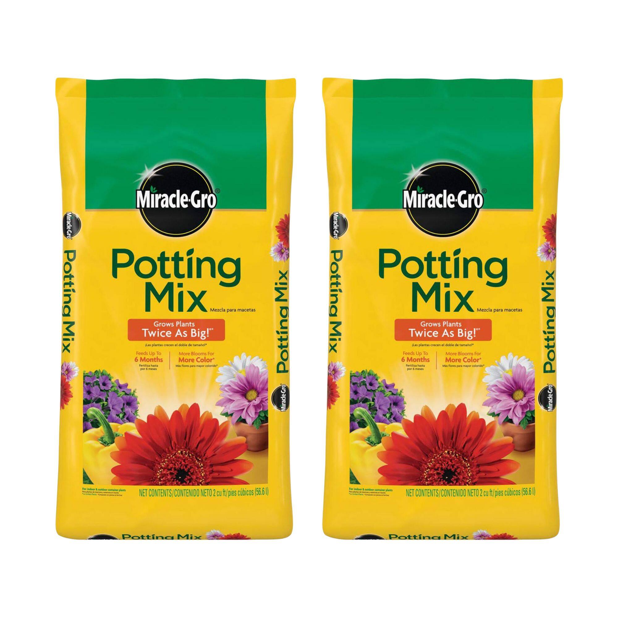 Miracle-Gro  
Potting Mix  

Grows Plants Twice As Big!  
Feed Up To 6 Months  
More Blooms For More Color  

NET CONTENTS/CONTENIDO NETO 2 cu ft (pés cúbicos) 56.6 L