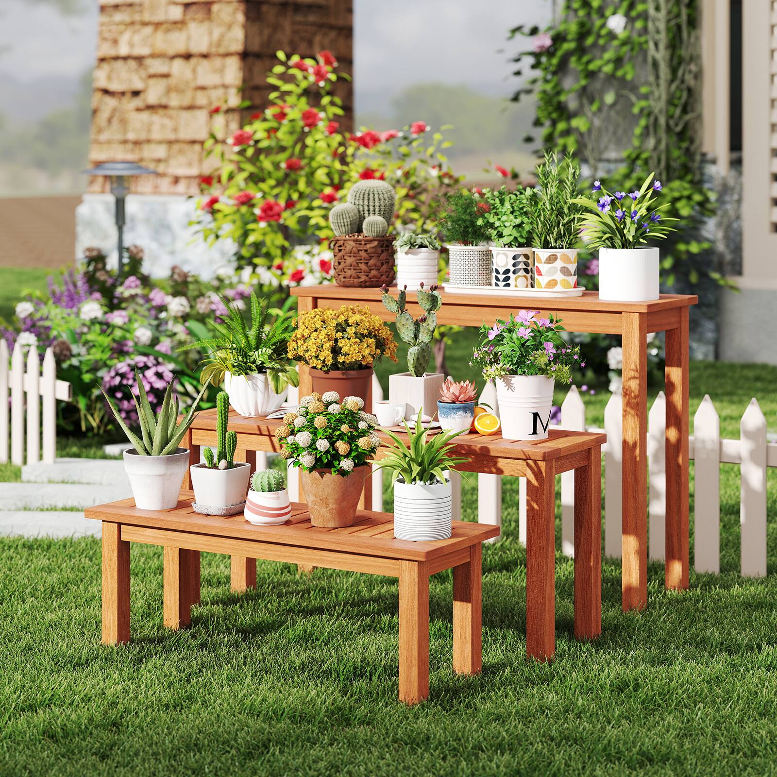 Alt View 1. Gymax - Gymax Wooden Plant Stand Set of 3 w/ Teak Oil Finish Slatted Top for Patio Garden - Brown.