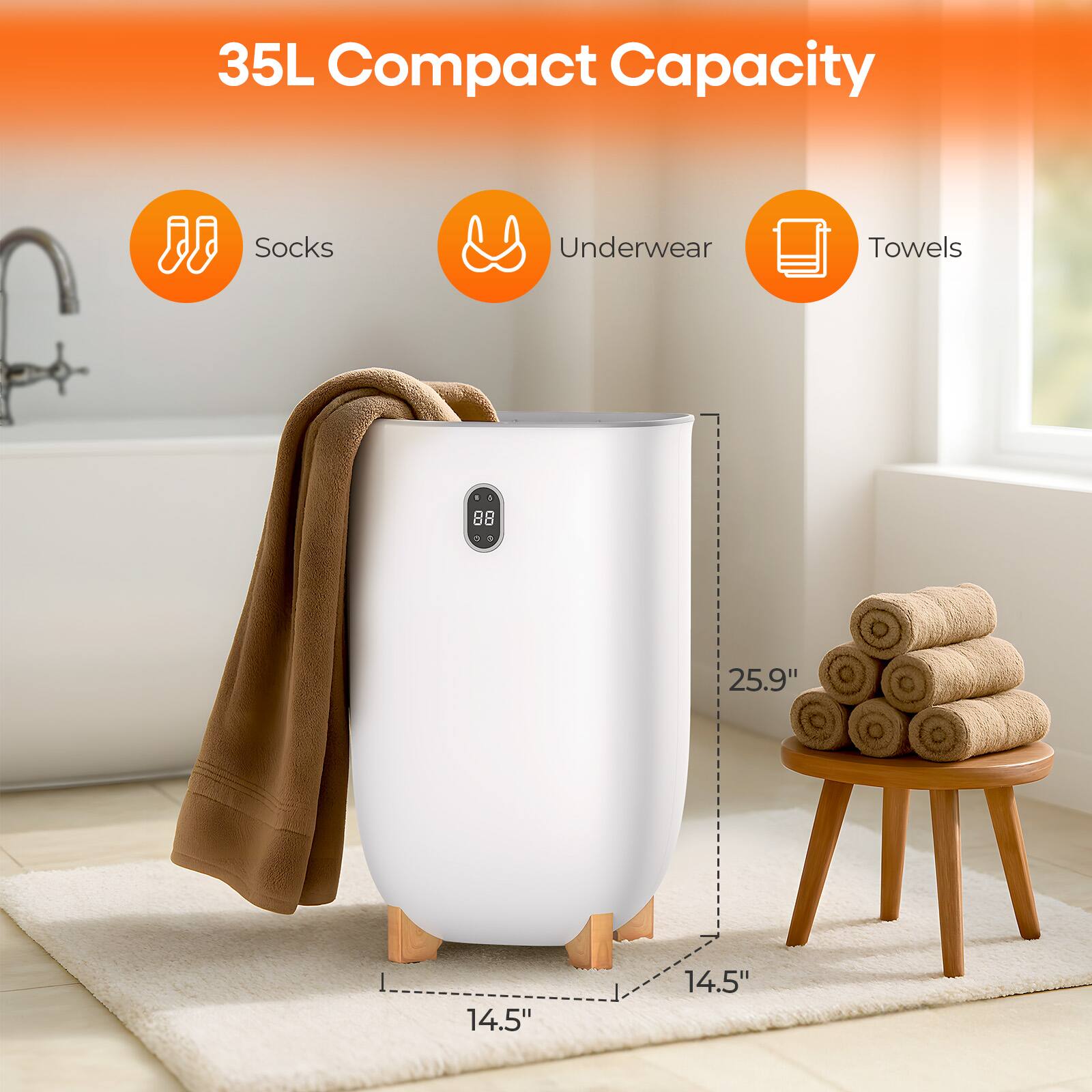 35L Compact Capacity

Socks  
Underwear  
Towels  

25.9"  
14.5"  
14.5"