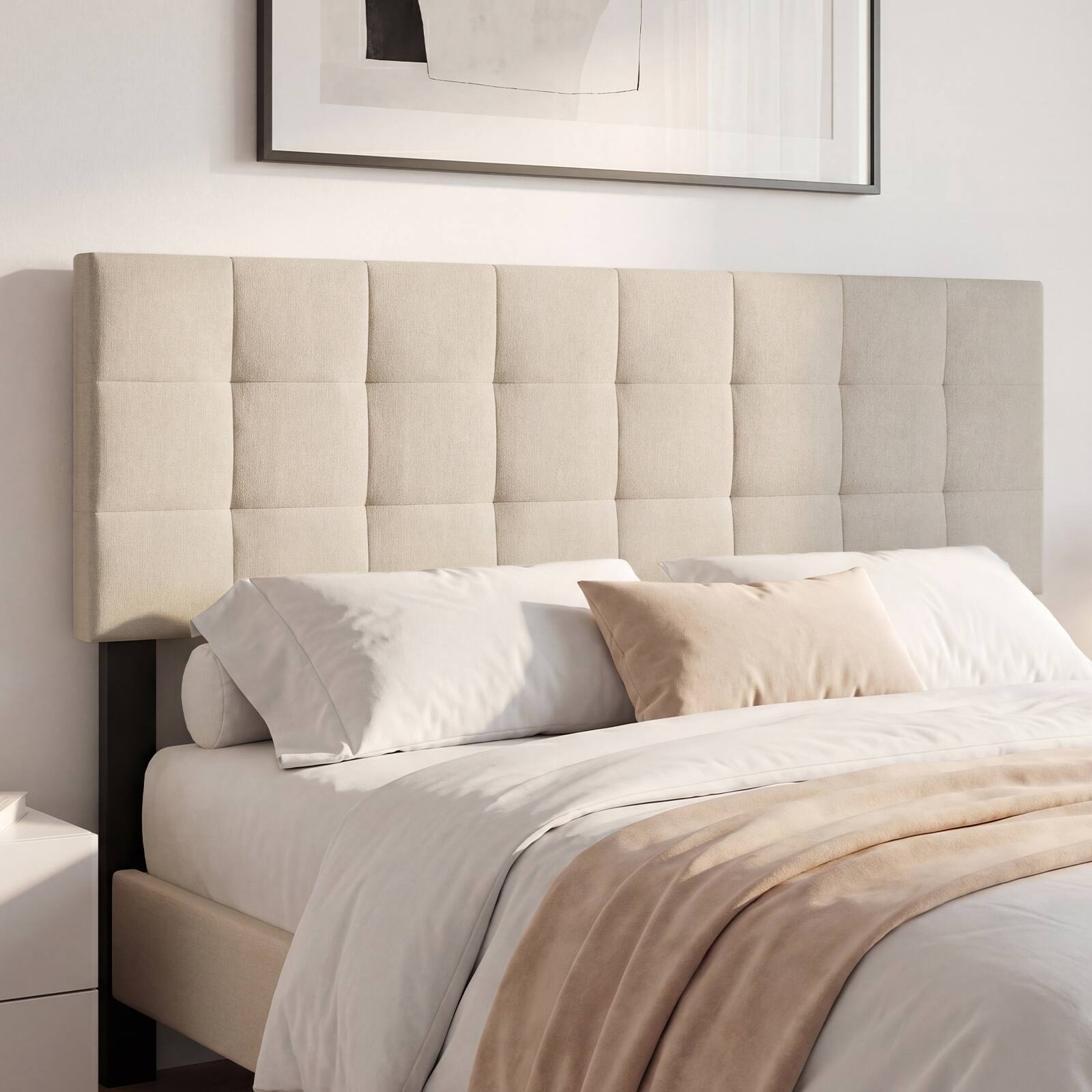 Alt View 1. Gymax - Gymax Upholstered Headboard Queen/Full Size Quilted Grid Linen Fabric Bed Frame Beige - Beige.
