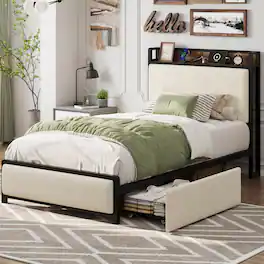 Homhougo - Twin Size Bed Frame with 2 Storage Drawers and Charging Station - Beige