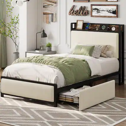 Front. Homhougo - Twin Size Bed Frame with 2 Storage Drawers and Charging Station - Beige.