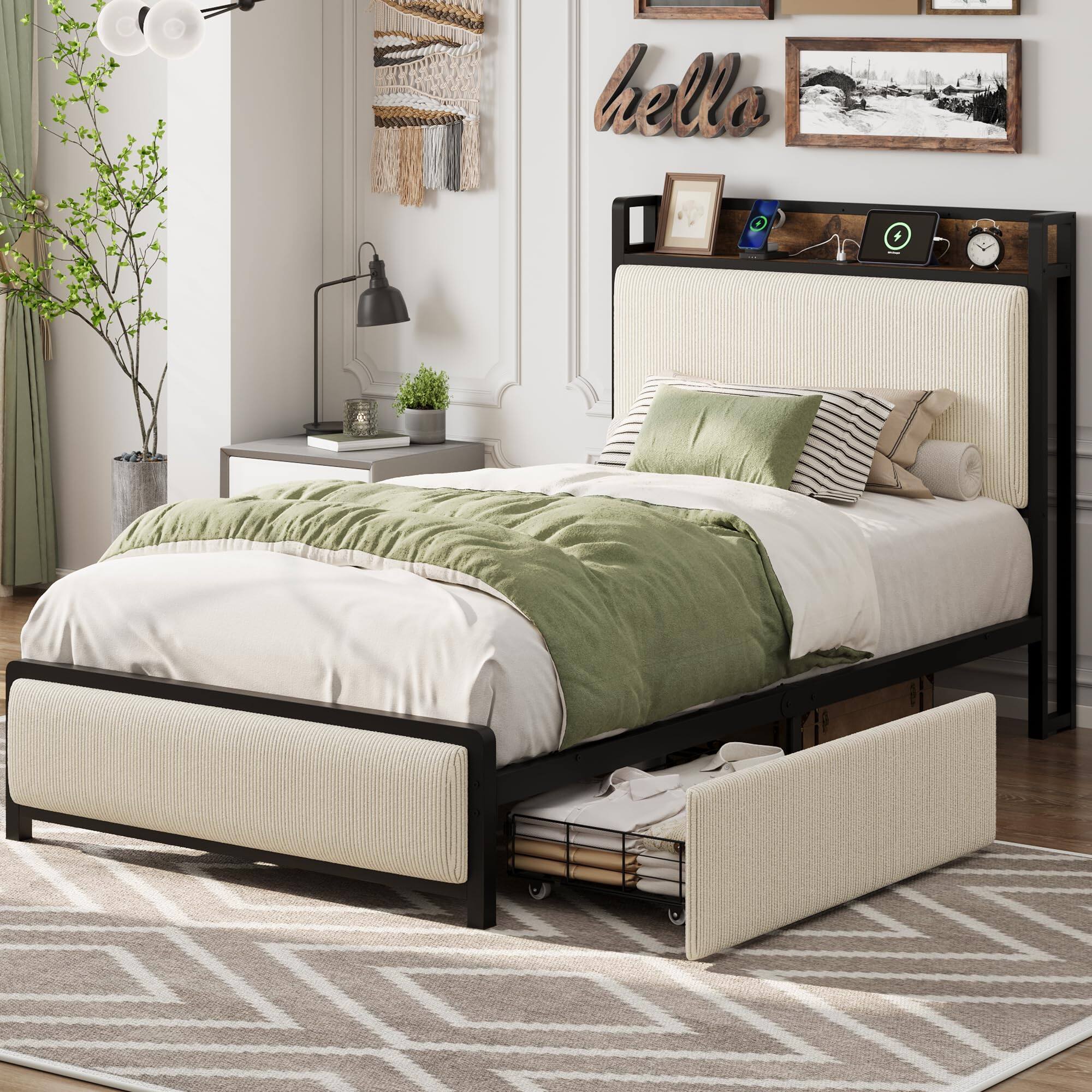 Front. Homhougo - Twin Size Bed Frame with 2 Storage Drawers and Charging Station - Beige.