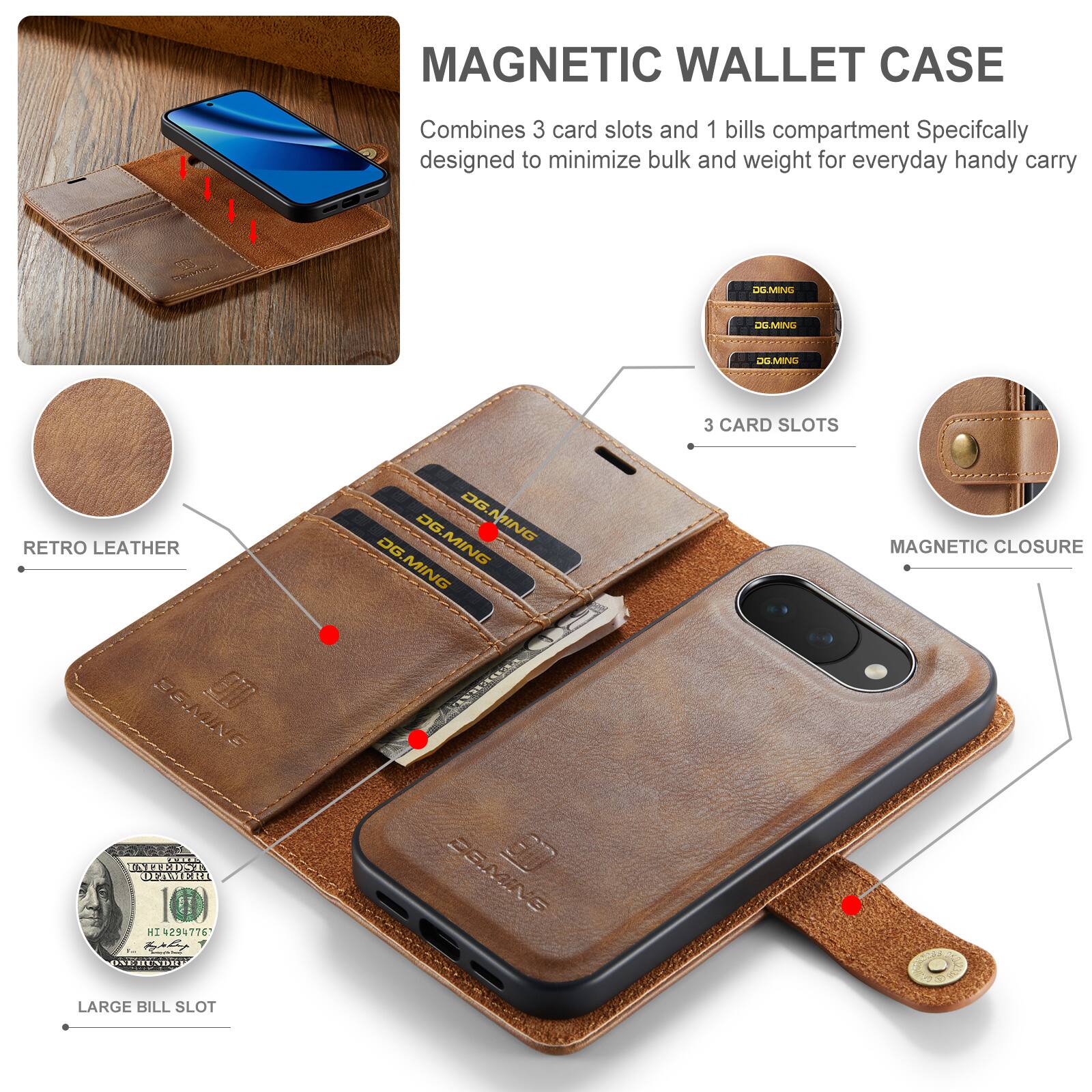 MAGNETIC WALLET CASE  
Combines 3 card slots and 1 bills compartment  
Specifically designed to minimize bulk and weight for everyday handy carry  

- RETRO LEATHER  
- 3 CARD SLOTS  
- MAGNETIC CLOSURE  
- LARGE BILL SLOT  

DG.MING  
DG.MING  
DG.MING  
DG.MING  

HT 429776  
ONE HUNDRED DOLLARS