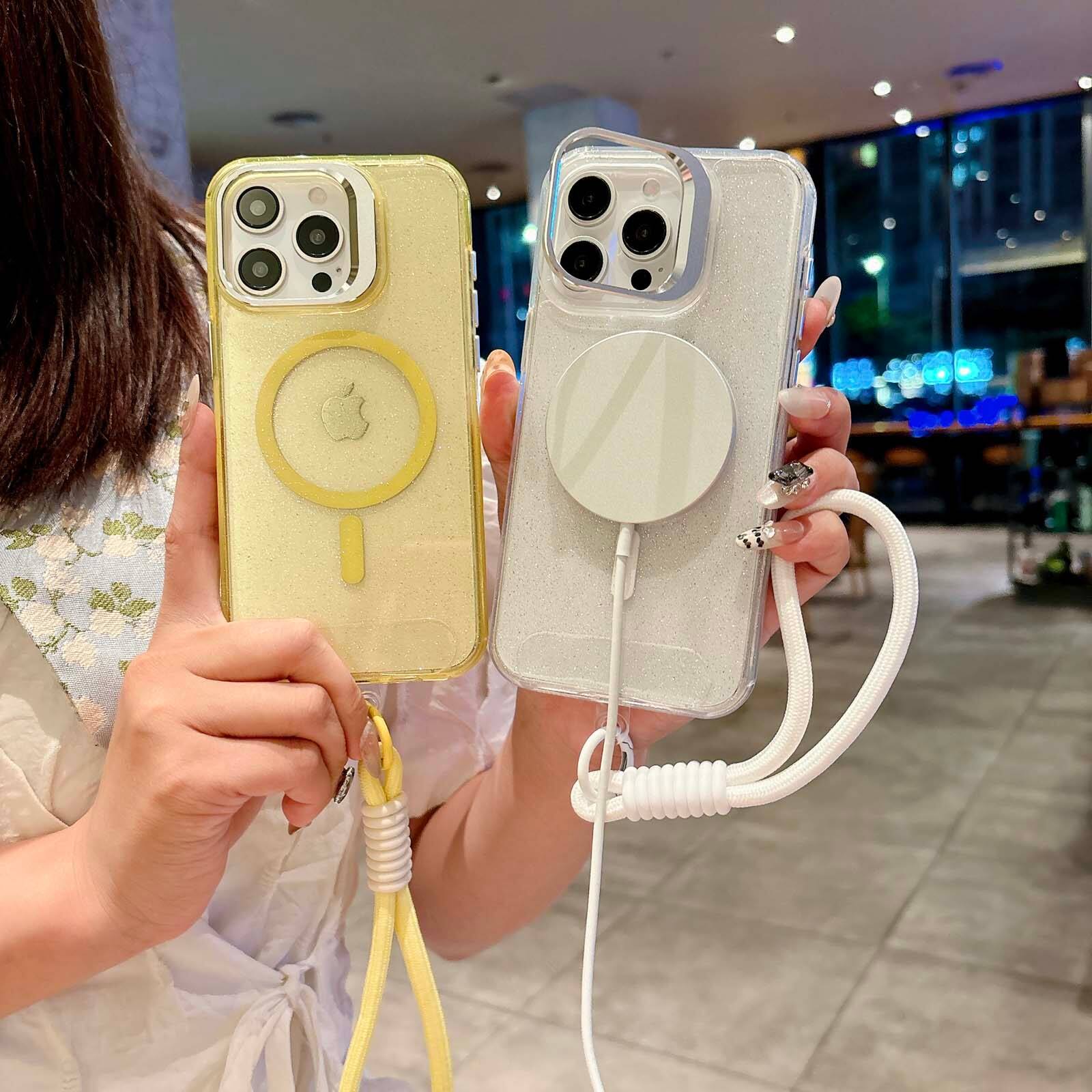 Left. Dteck - Glitter Magnetic Case for Apple iPhone 16 Pro Max,Shockproof Rugged Hidden Lens Kickstand Phone Cover with Wrist Strap - Yellow.