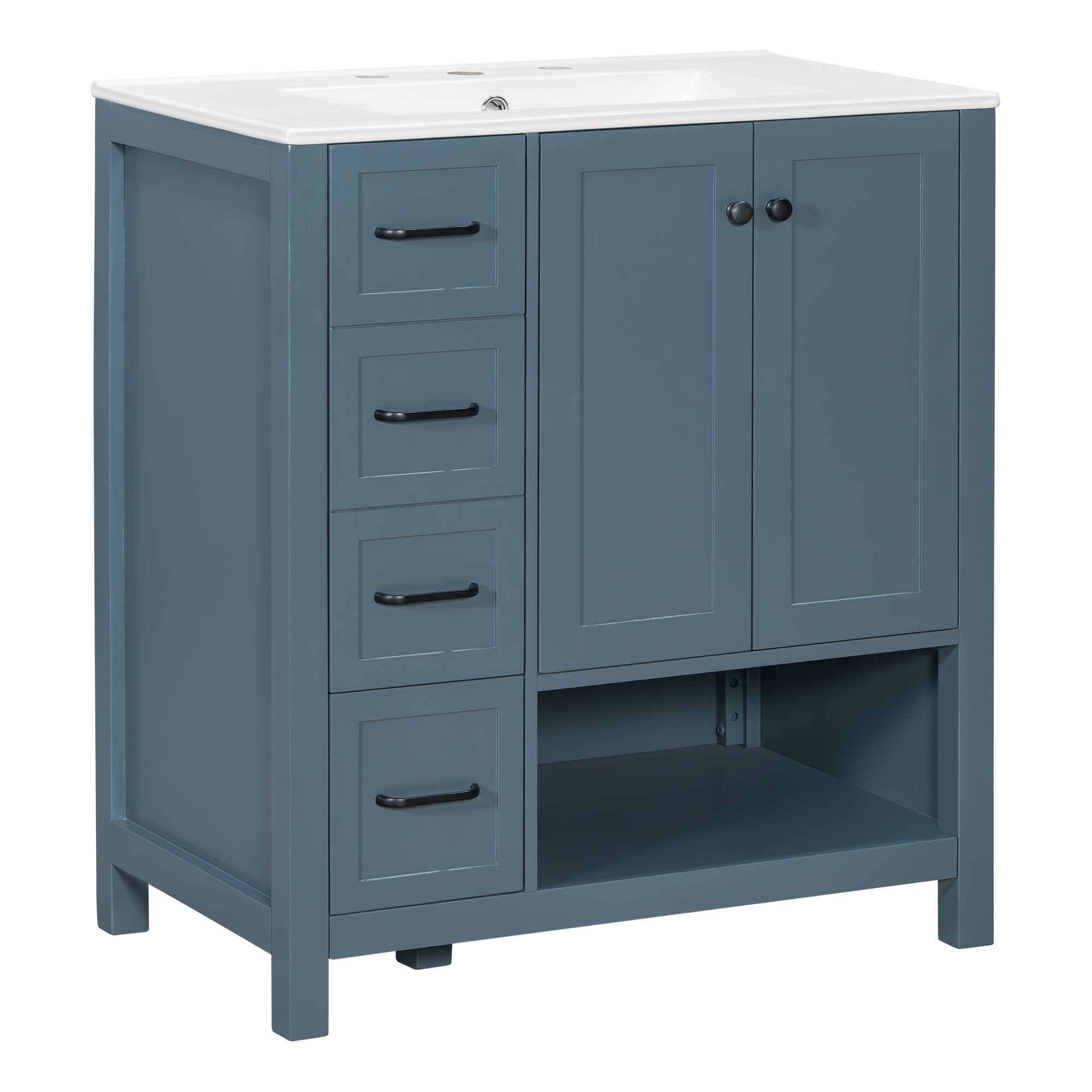 Back. Whisen - 30" Freestanding Bathroom Vanity with Sink, Two Doors and Open Shelf for Home - Blue.