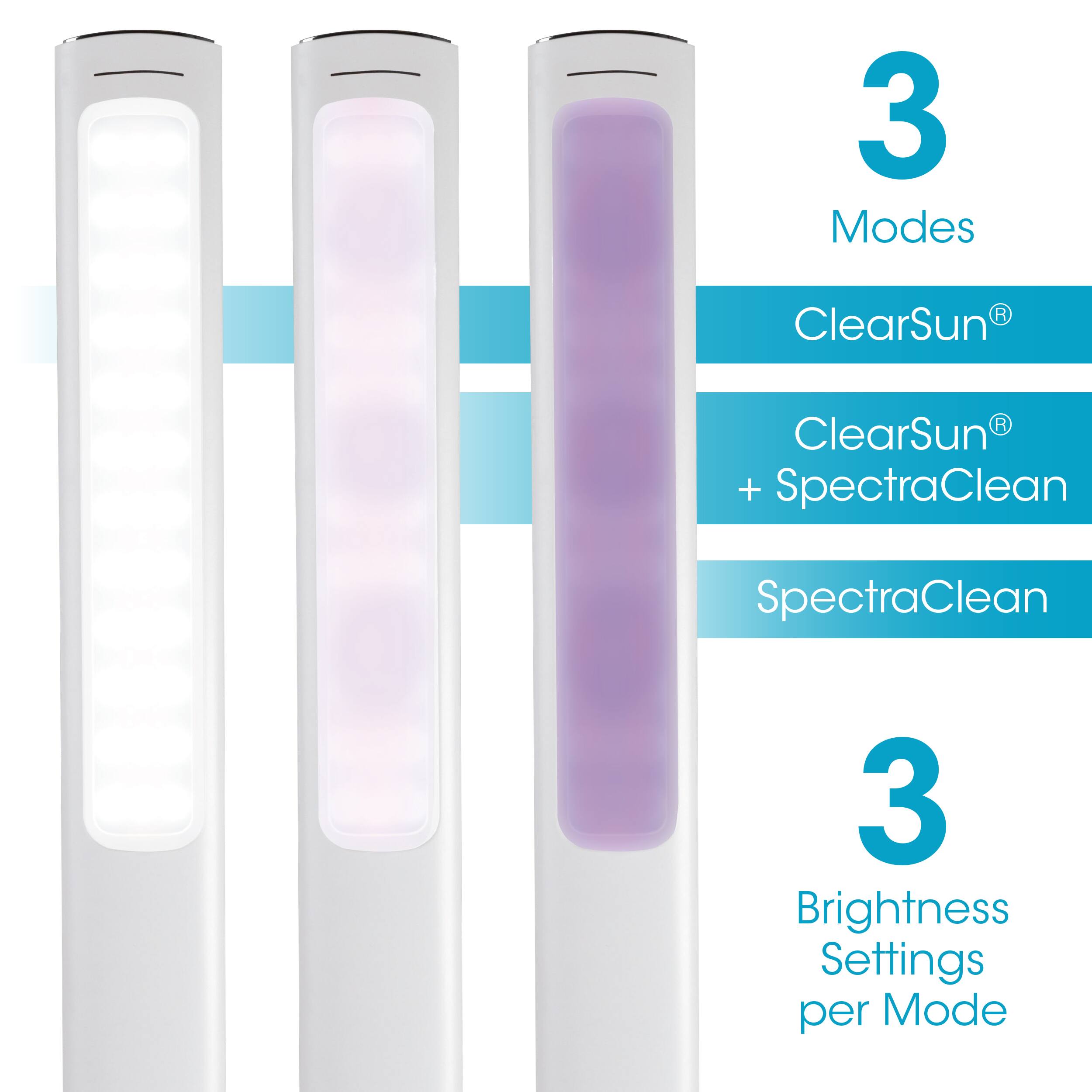 The image shows three ClearSun lights with three different brightness settings. The lights are designed to provide brightness and cleanliness in various settings, making them suitable for use in different environments. The three modes are ClearSun, ClearSun + SpectraClean, and SpectraClean, each offering a unique combination of brightness and cleaning capabilities. The image also highlights the three brightness settings available for each mode, providing users with the flexibility to adjust the light's intensity according to their needs.