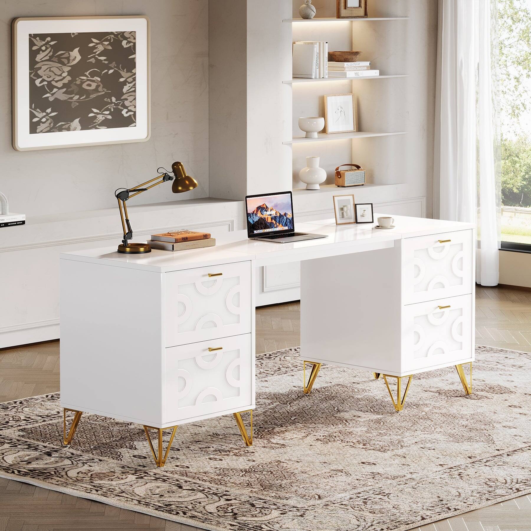 Front. Tribesigns - Office Executive Desk with Engineered Wood Construction, Storage Drawers, for Computer Work and Writing in Home Offices - White.