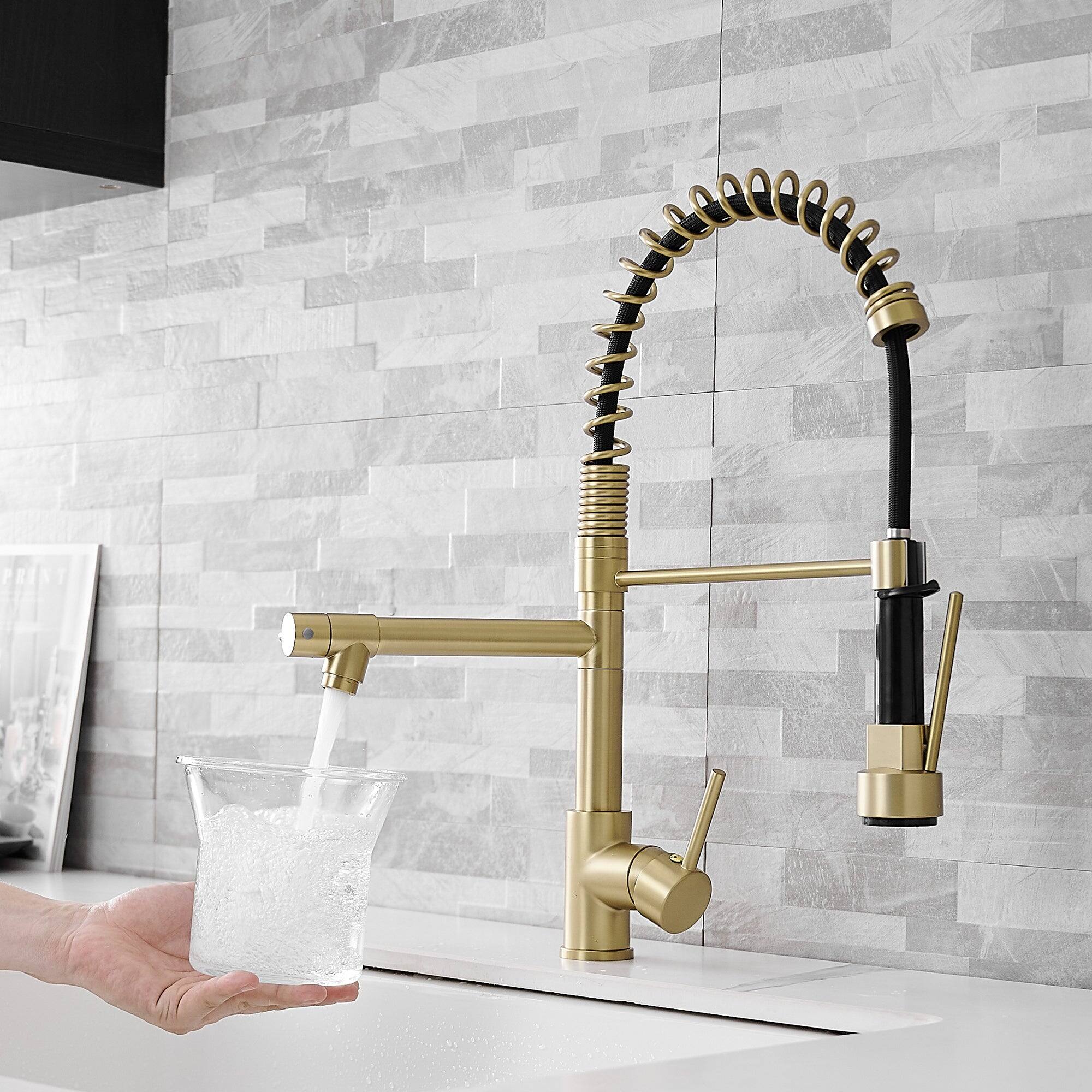 Alt View 6. Boyel Living - Brushed Gold 2 Spray Patterns Single Handle No Sensor Pull Down Sprayer Kitchen Faucet with Pot Filler - Brushed Gold.