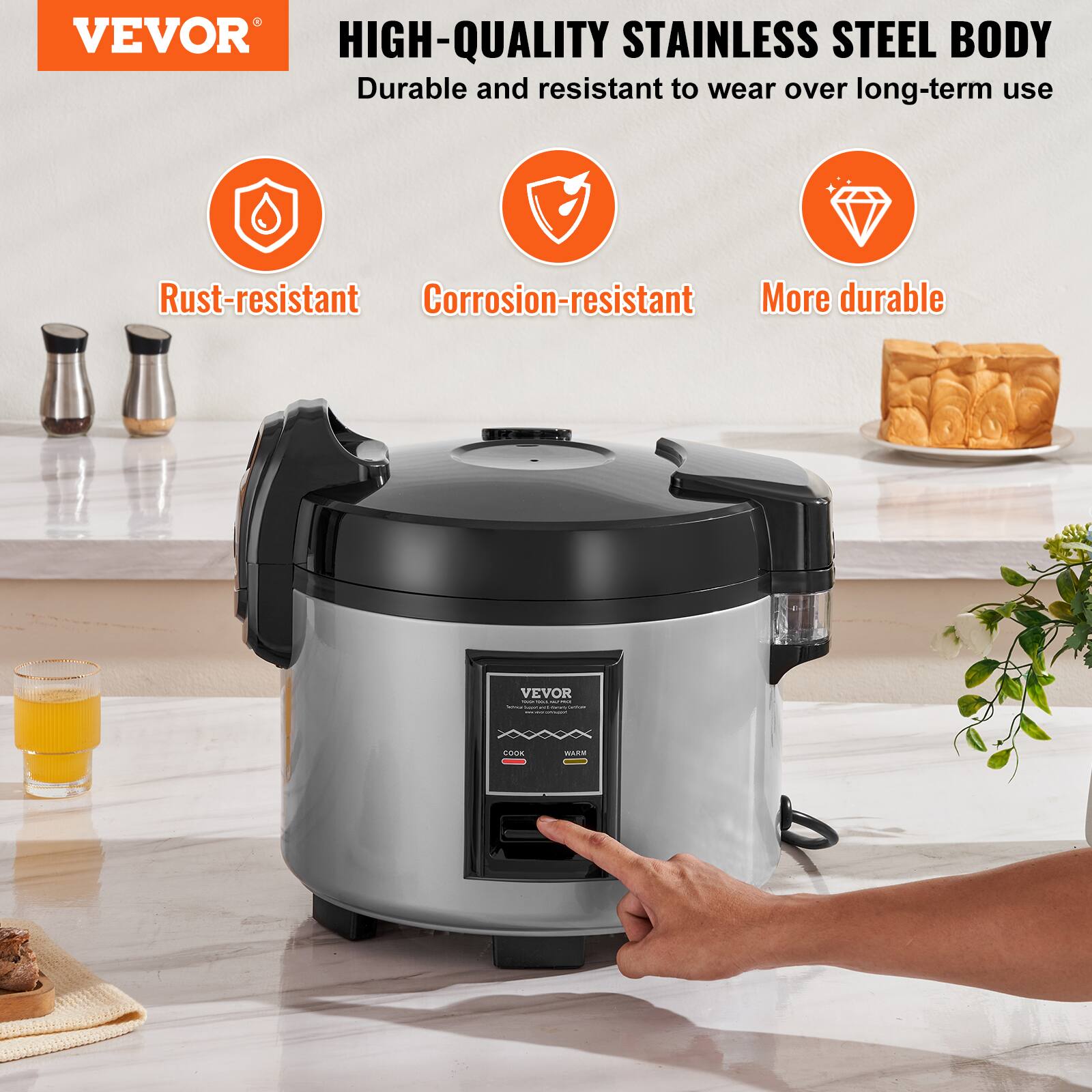 VEVOR HIGH-QUALITY STAINLESS STEEL BODY  
Durable and resistant to wear over long-term use  
Rust-resistant  
Corrosion-resistant  
More durable