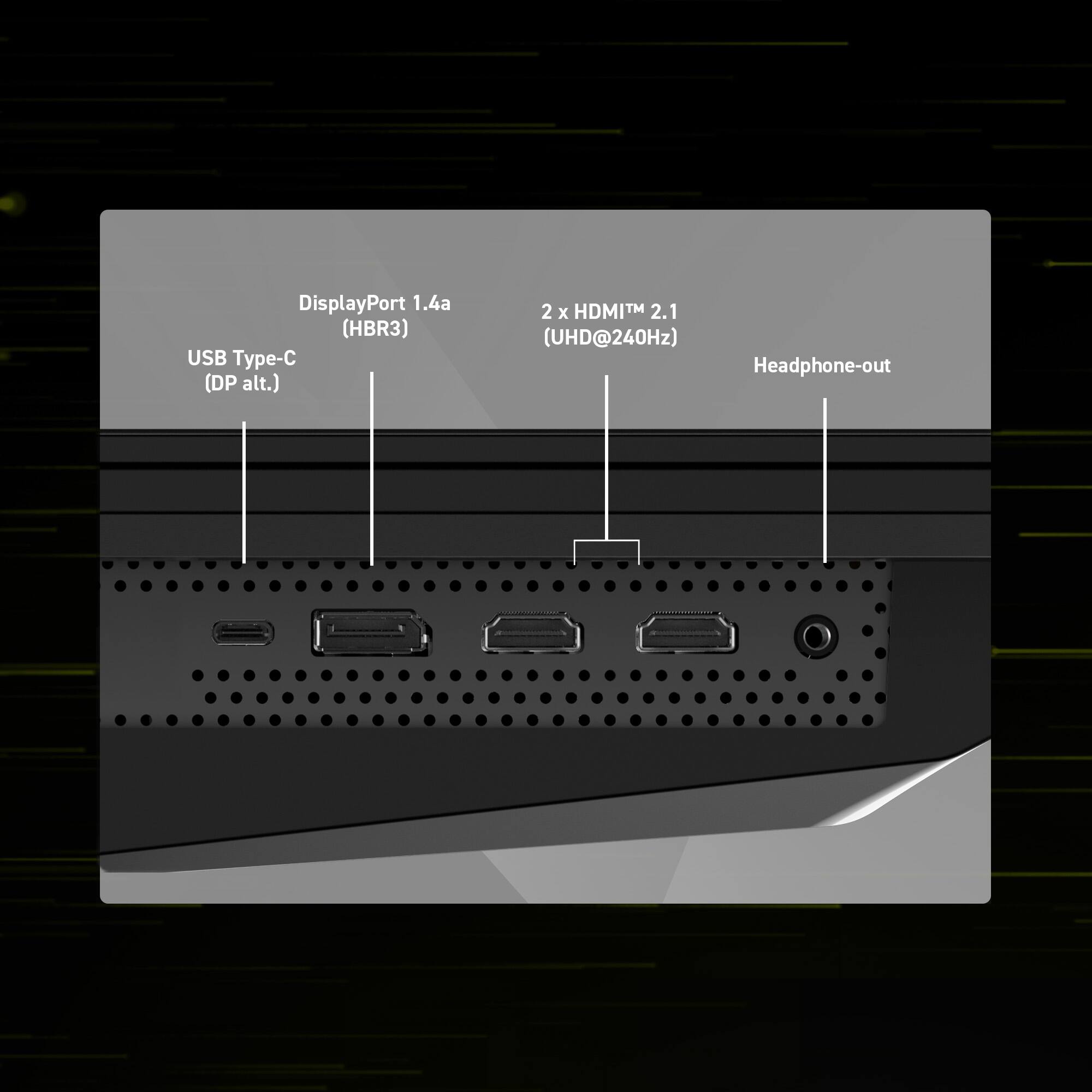 DisplayPort 1.4a (HBR3)  
USB Type-C (DP alt.)  
2 x HDMI™ 2.1 (UHD@240Hz)  
Headphone-out