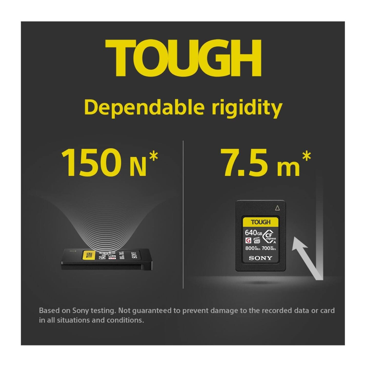 TOUGH  
Dependable rigidity  
150 N*  
7.5 m*  

TOUGH  
640GB  
GB  
CF  
D  
Caprem  
G +00  
A  
800 00 s  
700 S  

SONY  

Based on Sony testing. Not guaranteed to prevent damage to the recorded data or card in all situations and conditions.