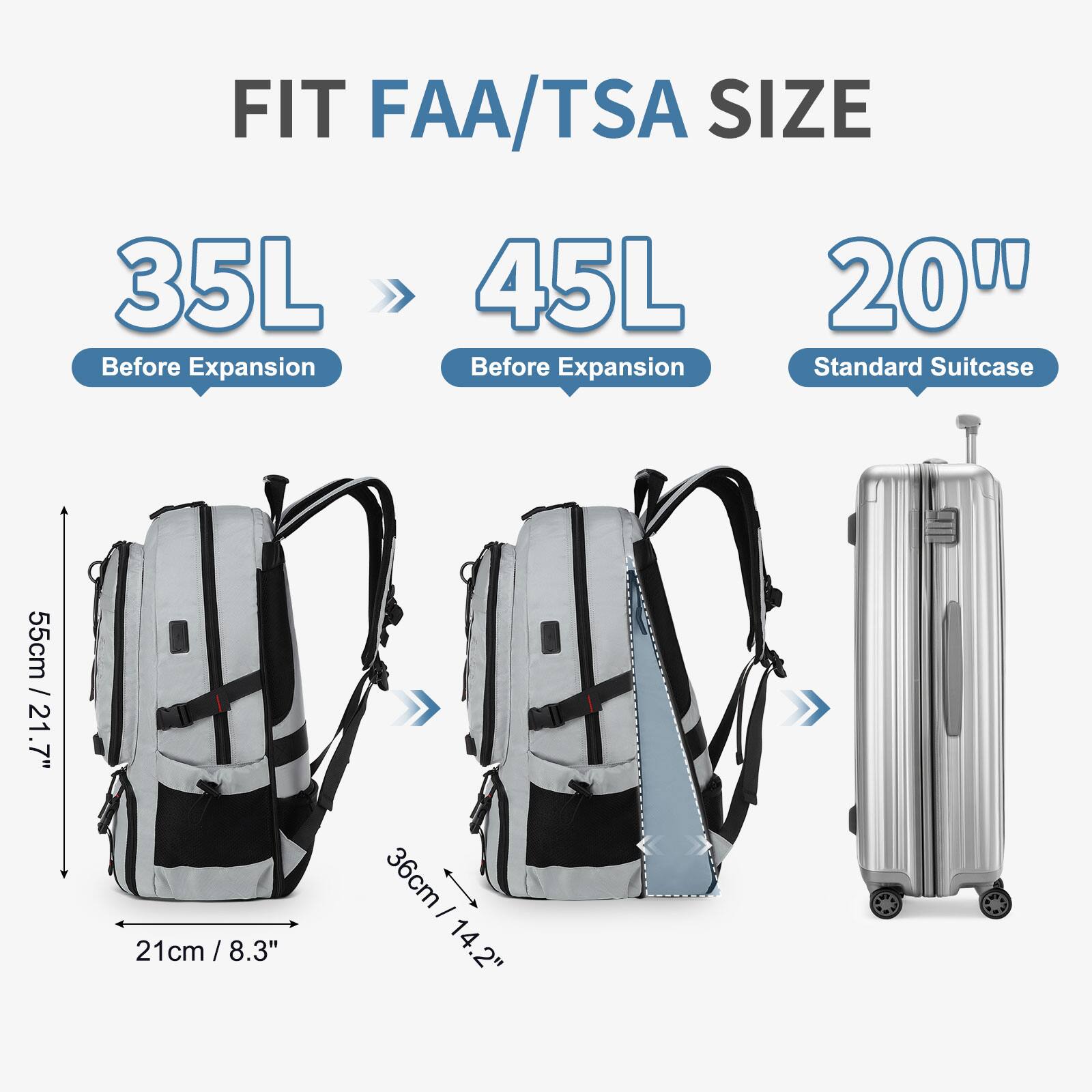 FIT FAA/TSA SIZE

35L > 45L

Before Expansion Before Expansion

Standard Suitcase

55cm / 21.7" 7" 21cm / 8.3" 36cm / 14.2" 36cm / 14.2"
