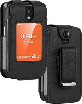 Nakedcellphone - Case for Consumer Cellular Iris Easy Flip 2 Phone / SpeakEasy Flip 2026 - Vegan Leather, with Belt Clip - Black