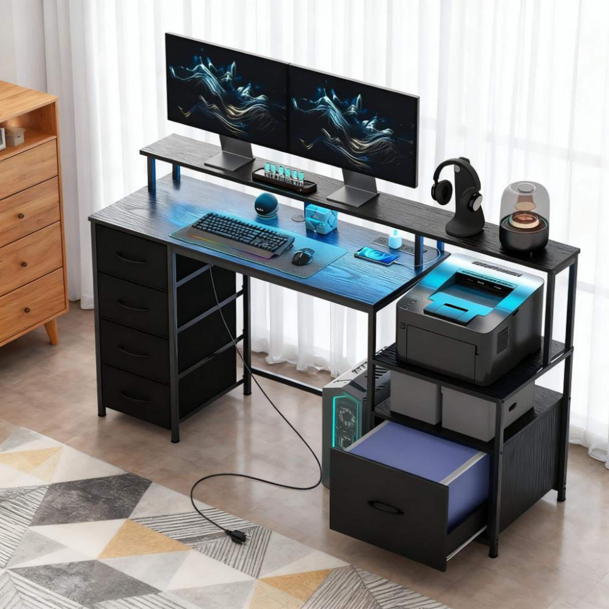 GOODSILO - Ergonomic Gaming Desk with Charging Station, LED Lighting, and Multi-Tier Storage Cabinet for Home Office Setup - Distressed Black
