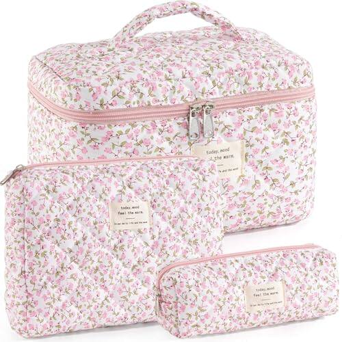 DORLUKFU - Makeup Bag for Women 3PCS Quilted Cotton Make Up Bag Travel Cosmetic Bag Large Makeup Bag Set Cute Makeups Organizer - Pink Floral D