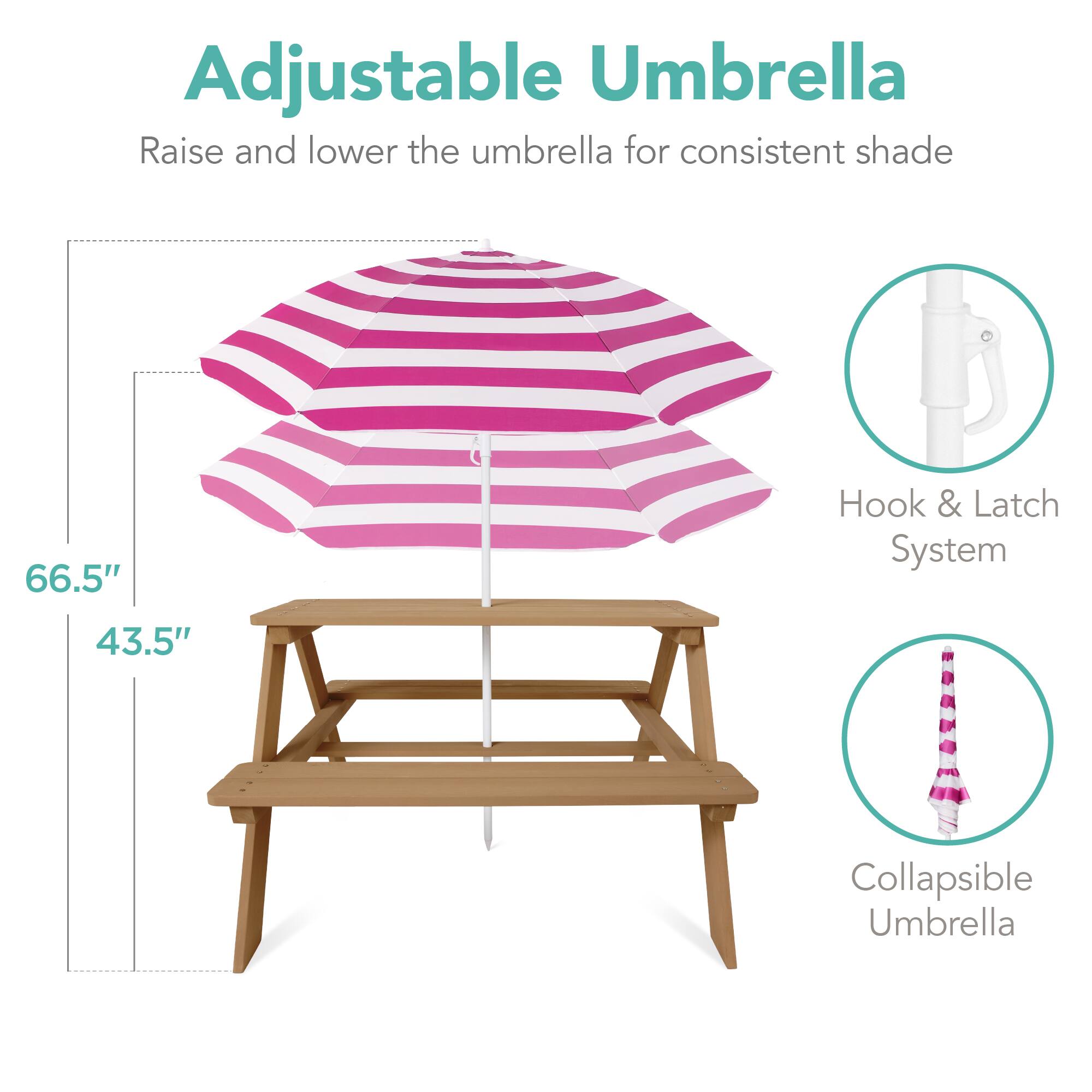 Adjustable Umbrella

Raise and lower the umbrella for consistent shade

66.5"  
43.5"

Hook & Latch System

Collapsible Umbrella