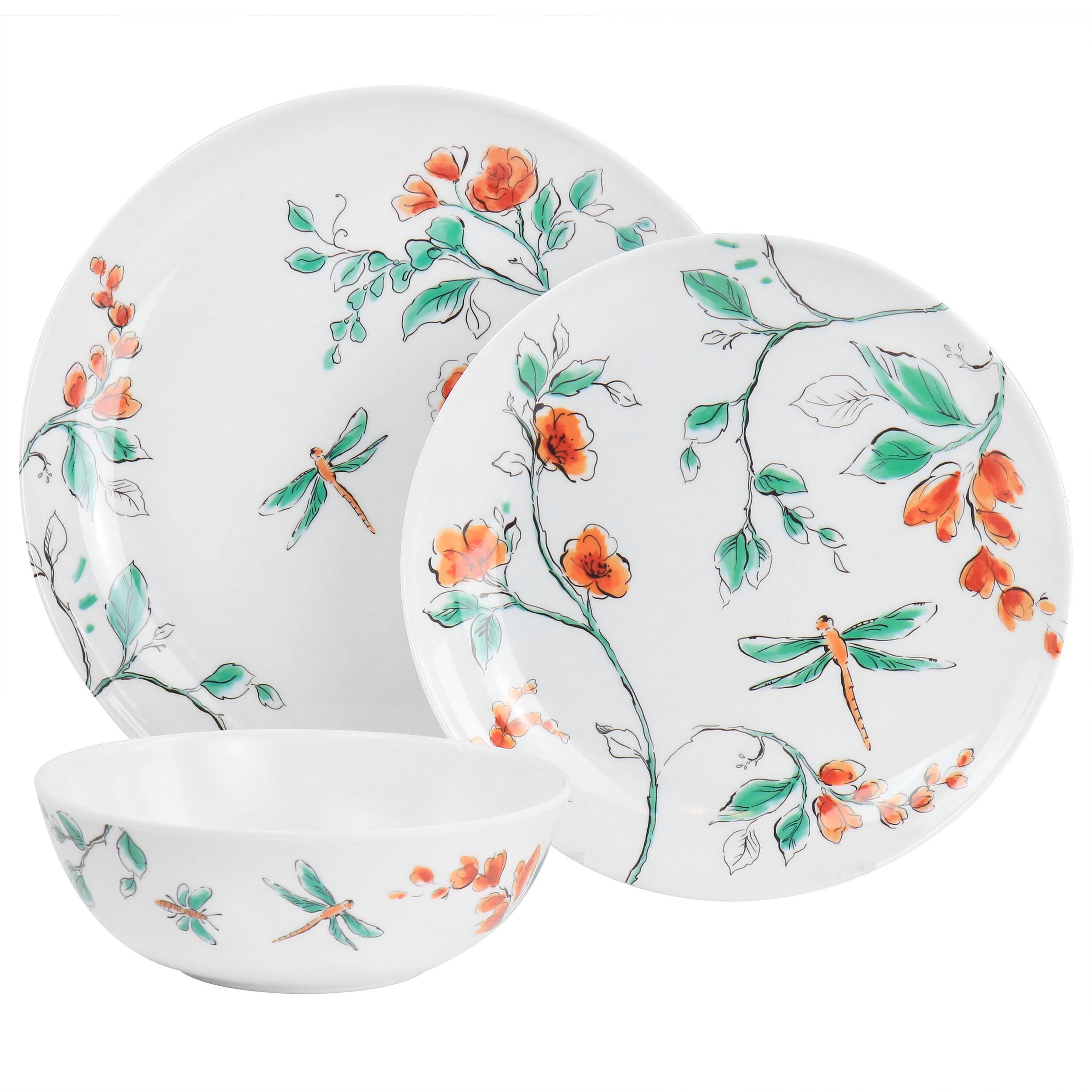 Alt View 1. Martha Stewart - Martha Stewart 12 Piece Dragonfly Melamine Dinnerware Set in White - White.